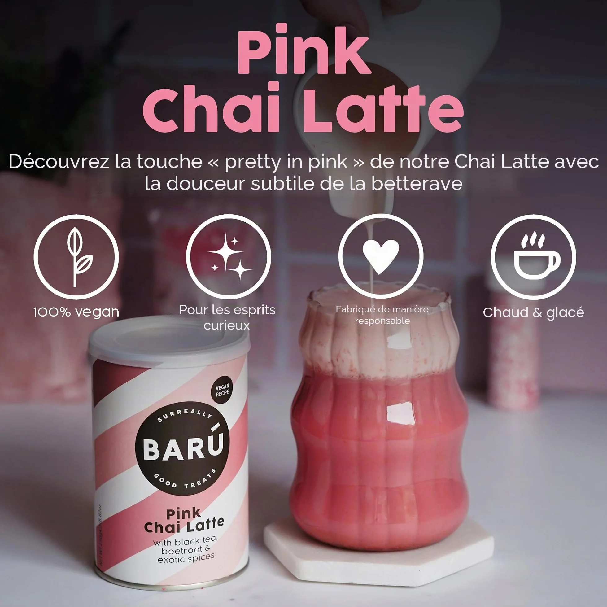Barú Pink Chai Latte – Pack de 4 x 250 g – Préparation instantanée au thé noir, épices & betterave – Vegan, naturel, sans arômes artificiels – 48 tasses – Fait main en Belgique