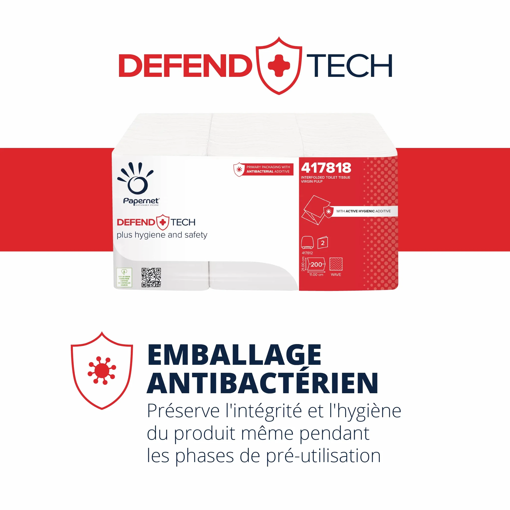PAPERNET Defend Tech Papier Hygiénique Enchevêtré 417818, Papier Hygiénique à Feuille Unique avec Formule Antibactérienne, 12 Paquets de 6 Unités avec 200 Feuilles 21 x 11 cm