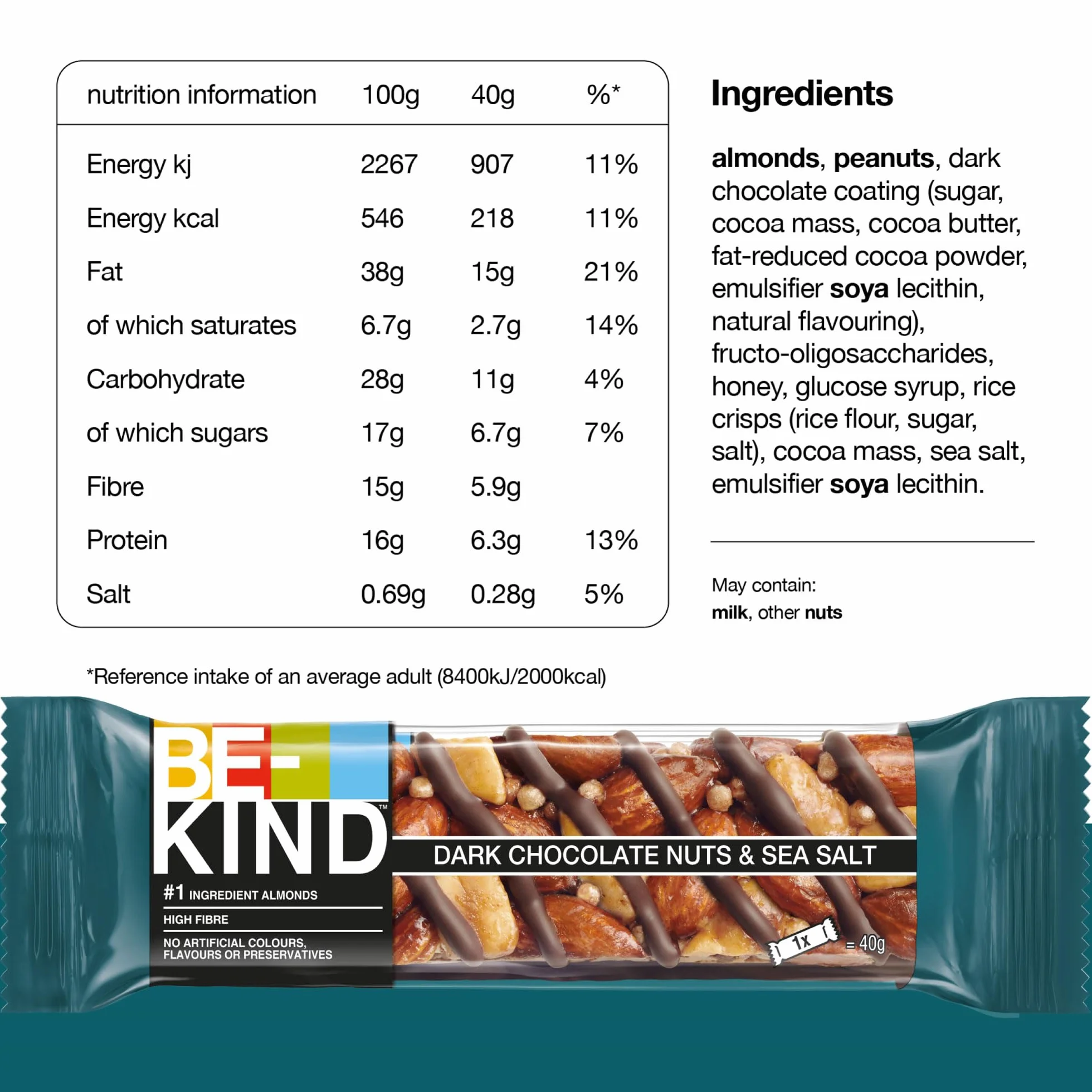 Be-Kind Barres de chocolat noir, noix et sel de mer 12 unités 40 g