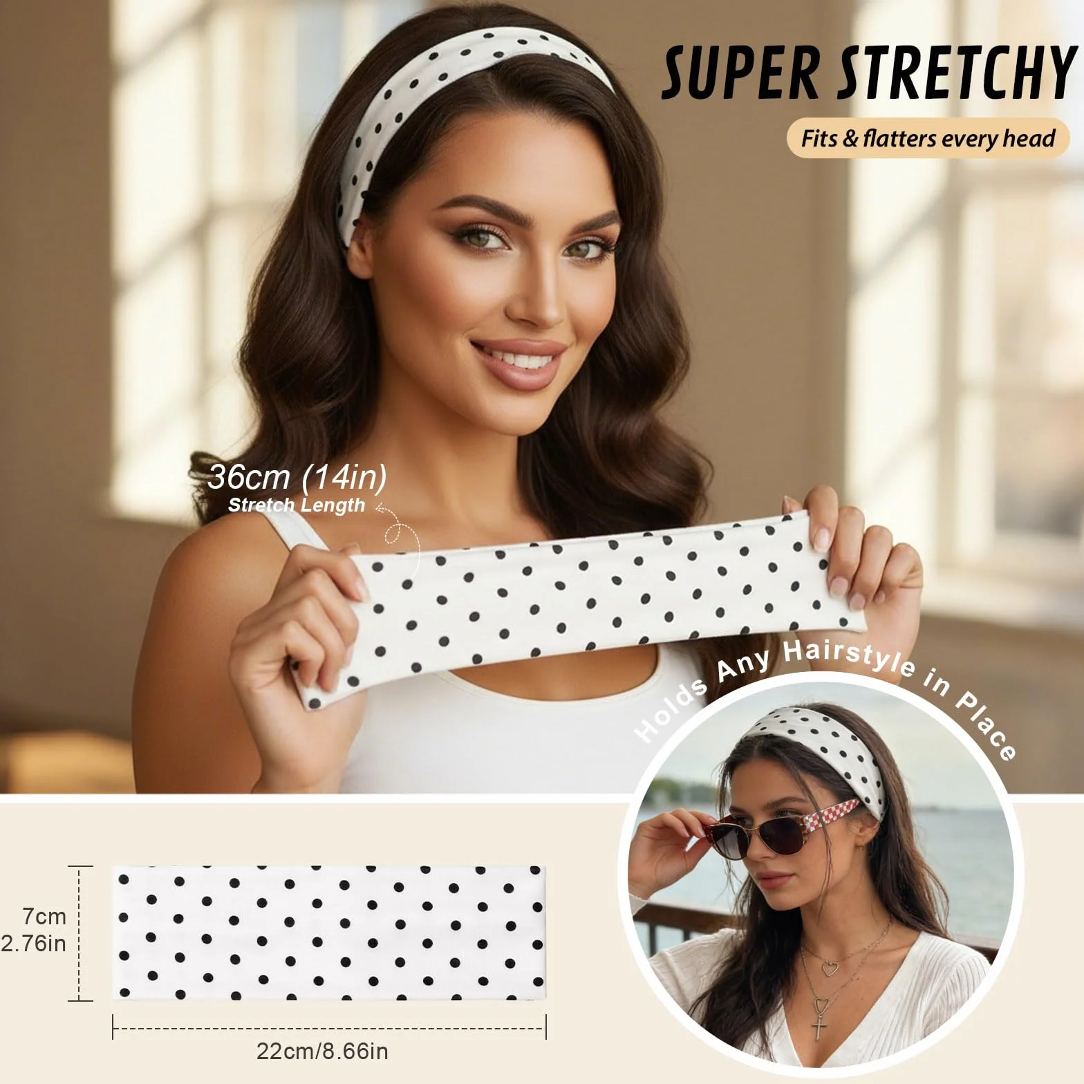Bandeau Cheveux Sport 7cm Headband Élastique Antidérapant Yoga Running Fitness (Pois Noirs et Blancs)