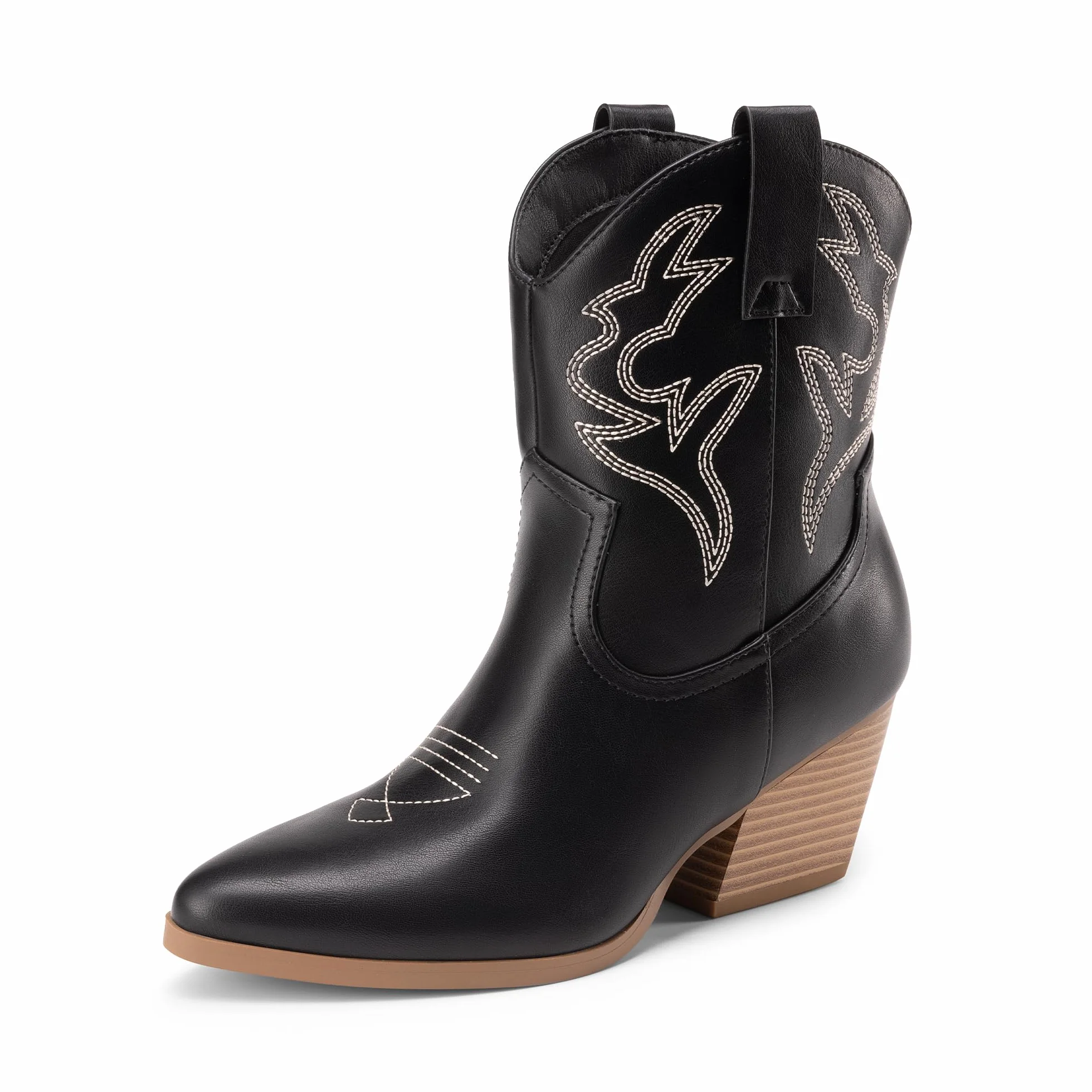 DREAM PAIRS Bottes Femme Western Courtes Talon Bloc Bas Bout Pointu Bottines Cowboy Cowgirl Brodées Automne Hiver