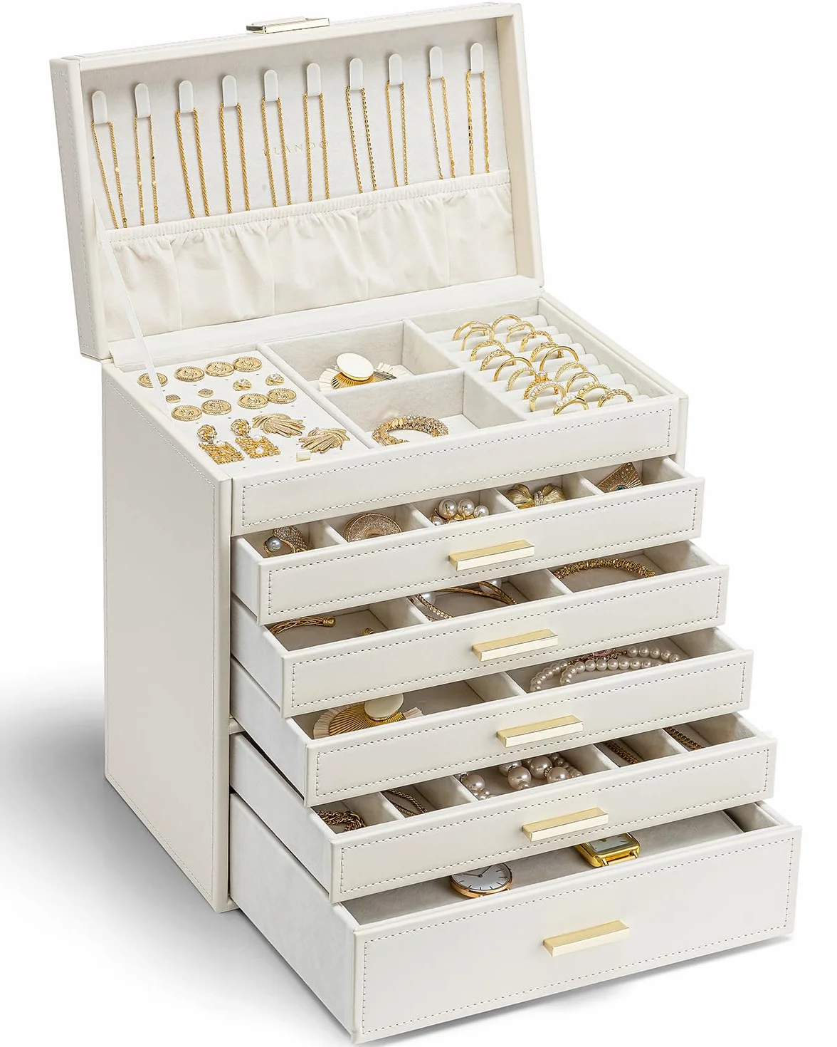 Vlando Boîte à bijoux moderne grande 6 niveaux avec tiroirs miroir coussinet pour montre