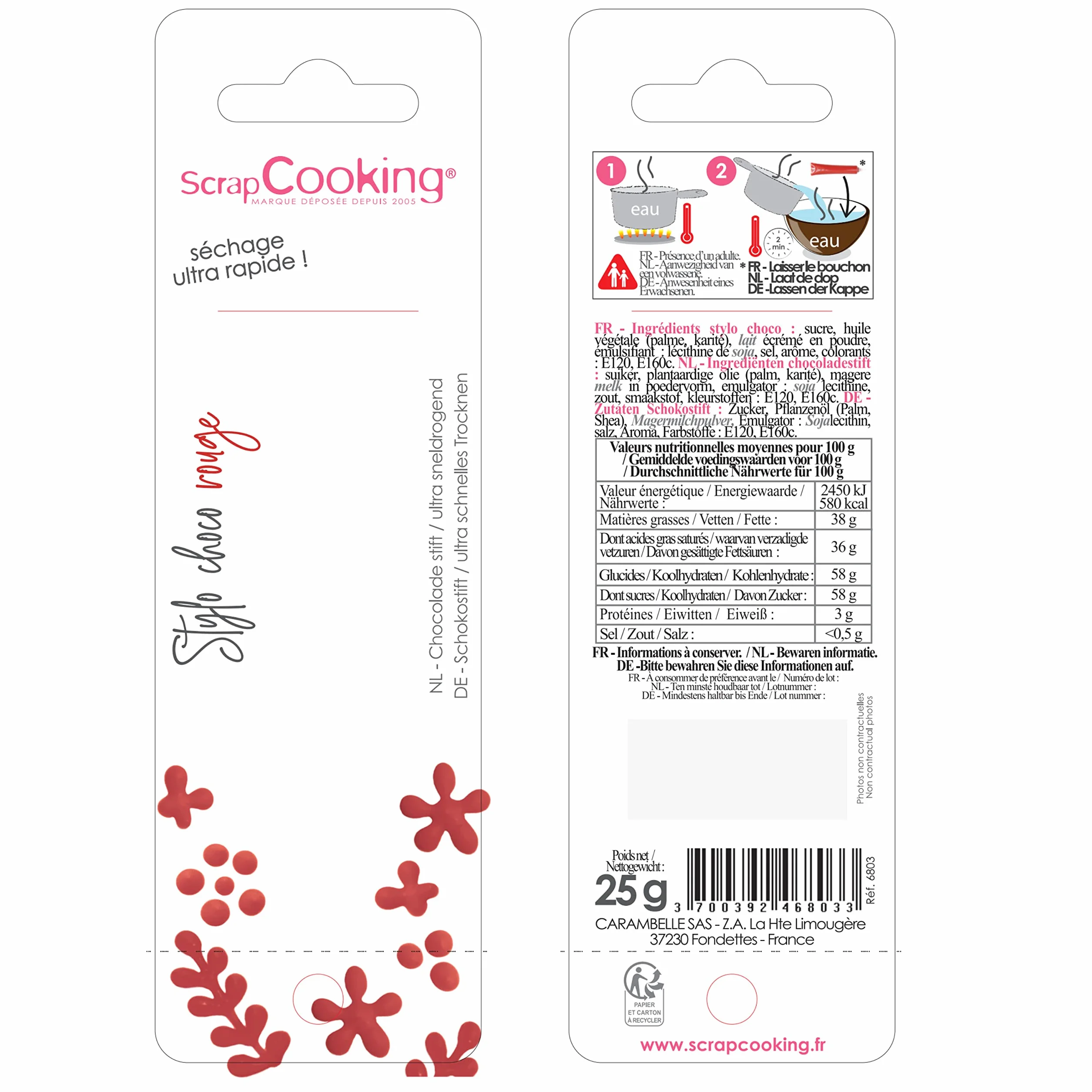 ScrapCooking - Stylo Choco Rouge - Crayon Alimentaire Pâtisserie 25 g - Stylo Décoratif Comestible - Écrire & Dessiner sur Desserts, Gâteaux & Biscuits Noël Anniversaire - 6803