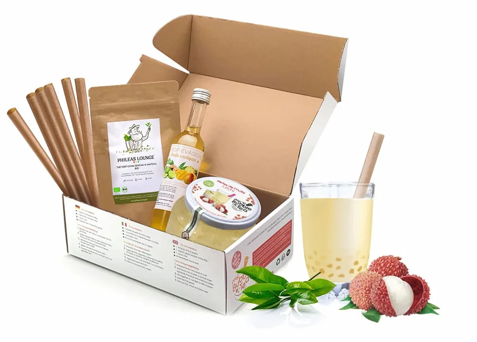 KIT BUBBLE TEA LITCHI - 8 Boissons - Sans colorant artificiel - Vegan et sans gluten - 8 pailles offertes