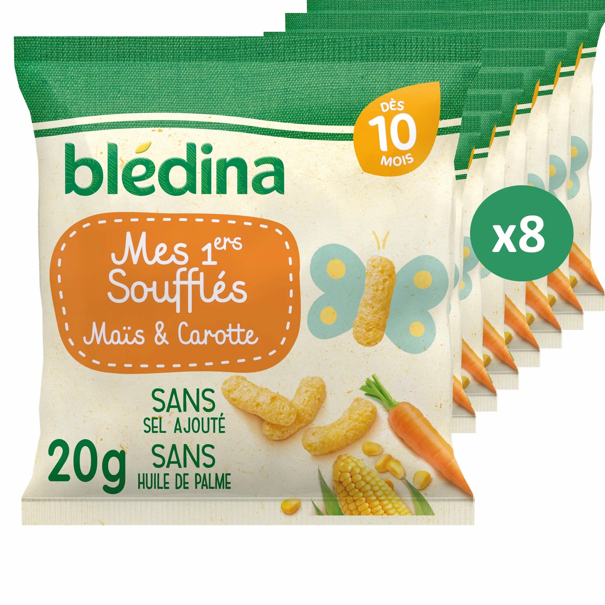 BLÉDINA - Mes 1ers Soufflés - Maïs et Carotte - Sans Gluten et sans Sel Ajouté - dès 10 Mois - 8 x 20 g