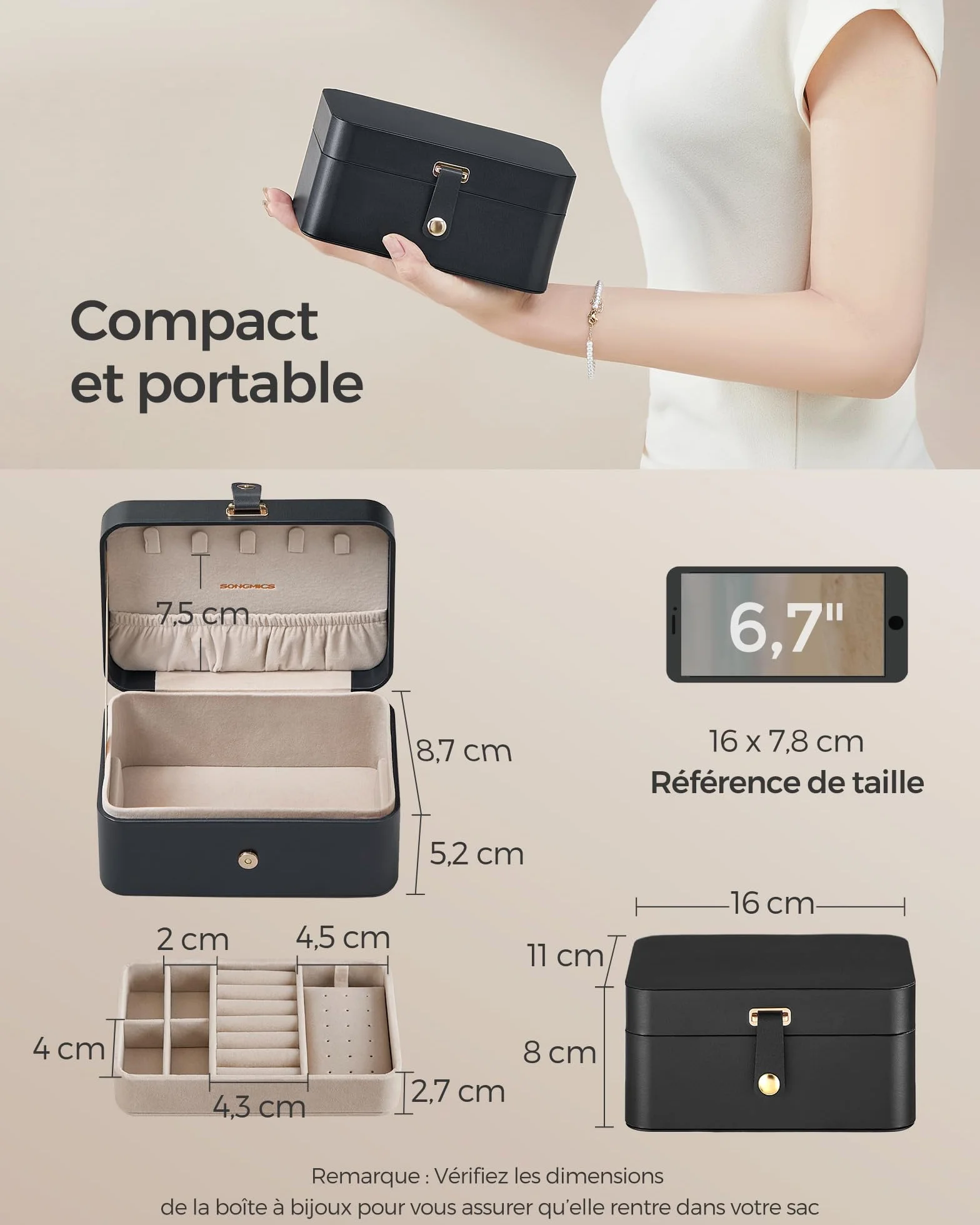 SONGMICS GISELLA Boîte à Bijoux de Voyage 2 Niveaux, Petit Écrin Portable, 11,6 x 16 x 7,5 cm, Noir