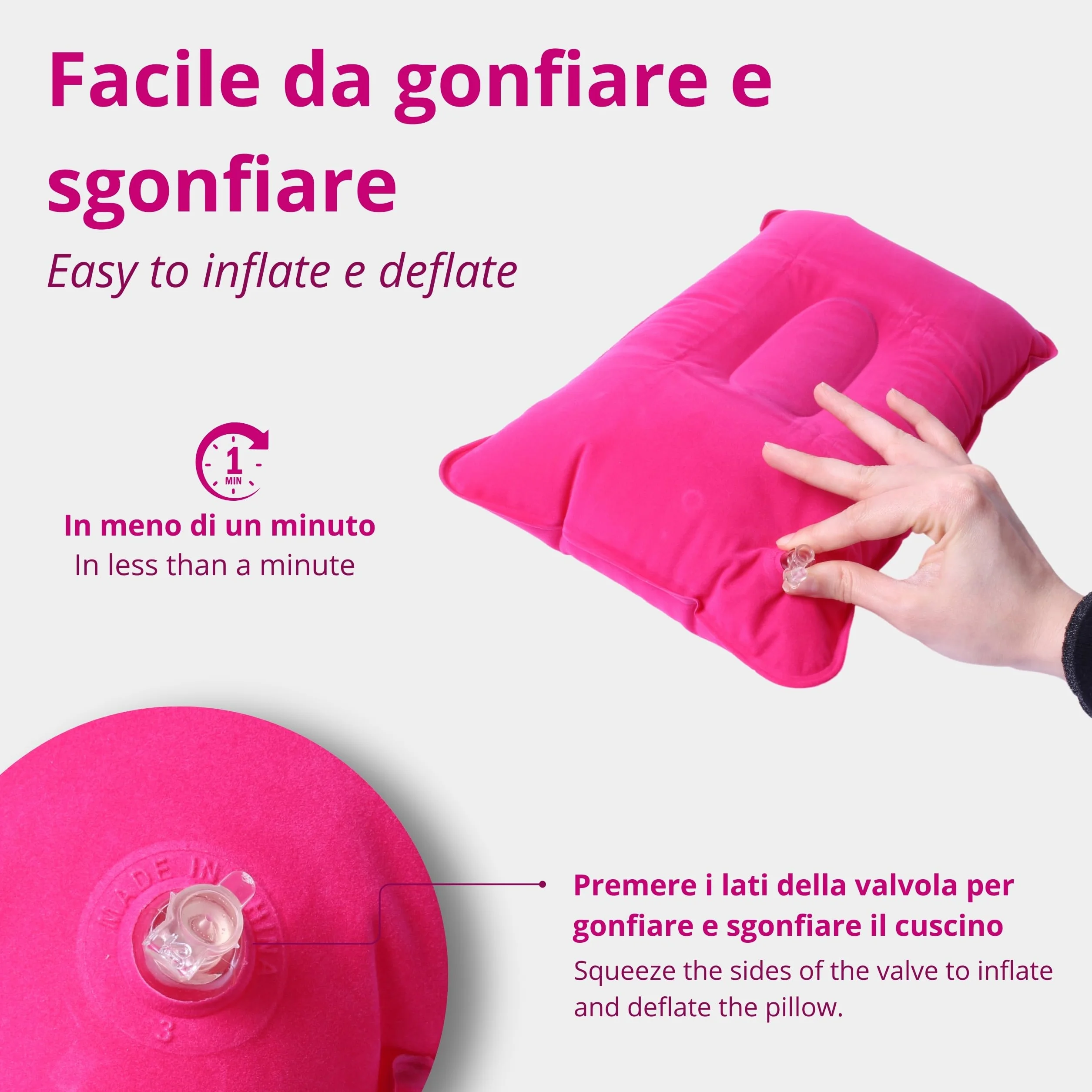 Coussin de Voyage Gonflable 38 x 24 cm Fuchsia Confort Soutien Cou Avion Voiture Train