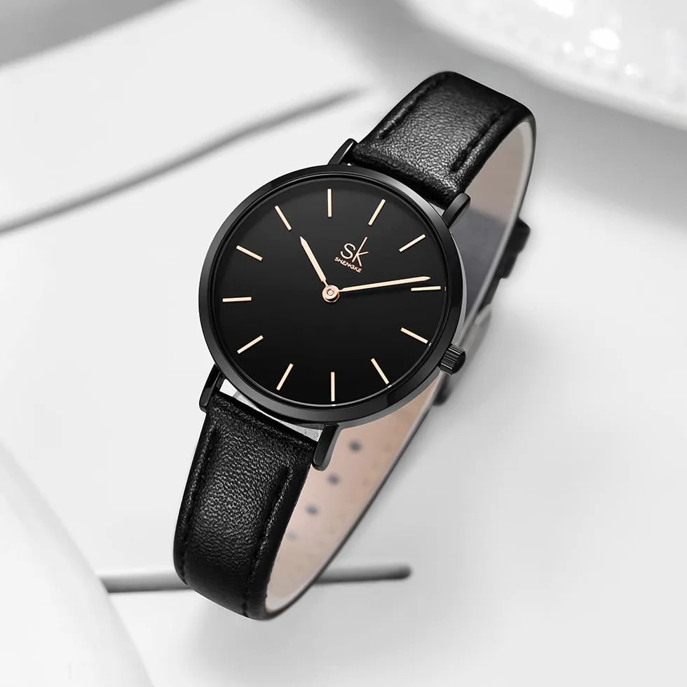 SK Montre Femme Ultra Fine Minimaliste Cuir Deux Aiguilles