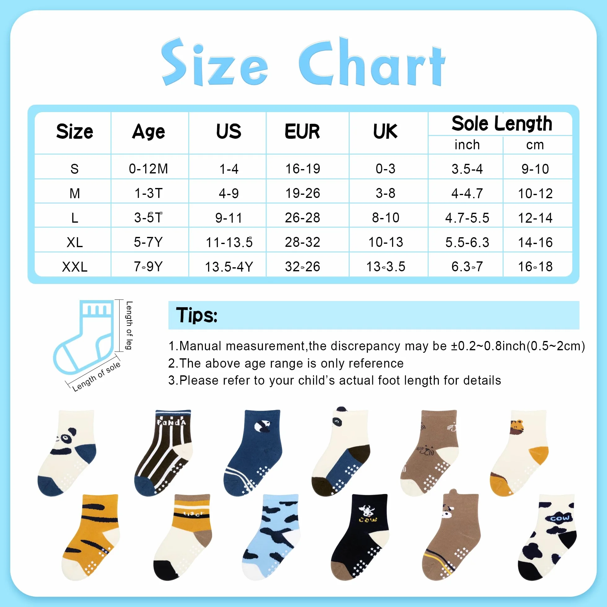 Lot de 12 chaussettes antidérapantes pour bébé 1-7 ans multi couleurs