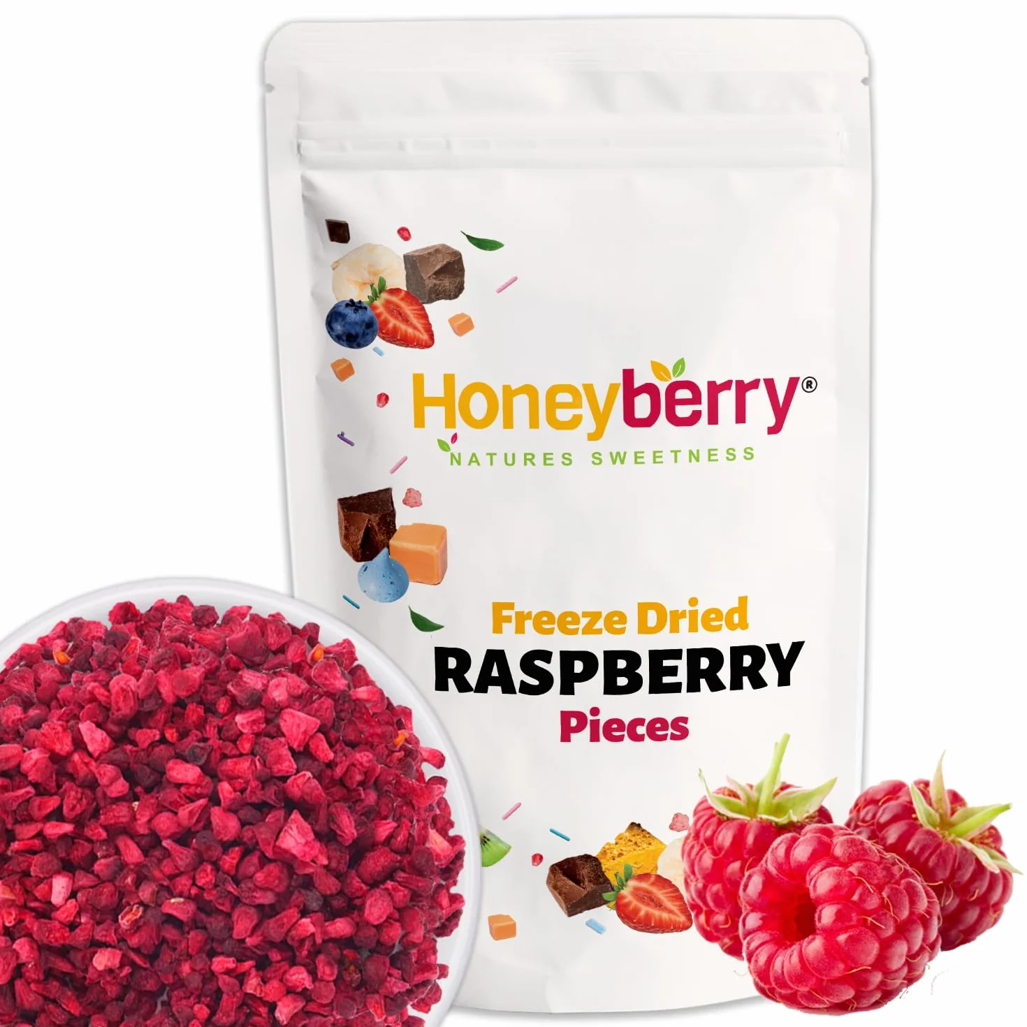 Framboises Lyophilisées en Morceaux 100g - Fruits Lyophilisés - Framboises Déshydratés en Morceaux - Framboises Séchées pour la Pâtisserie, la Décoration de Gâteaux, les Céréales et les Desserts