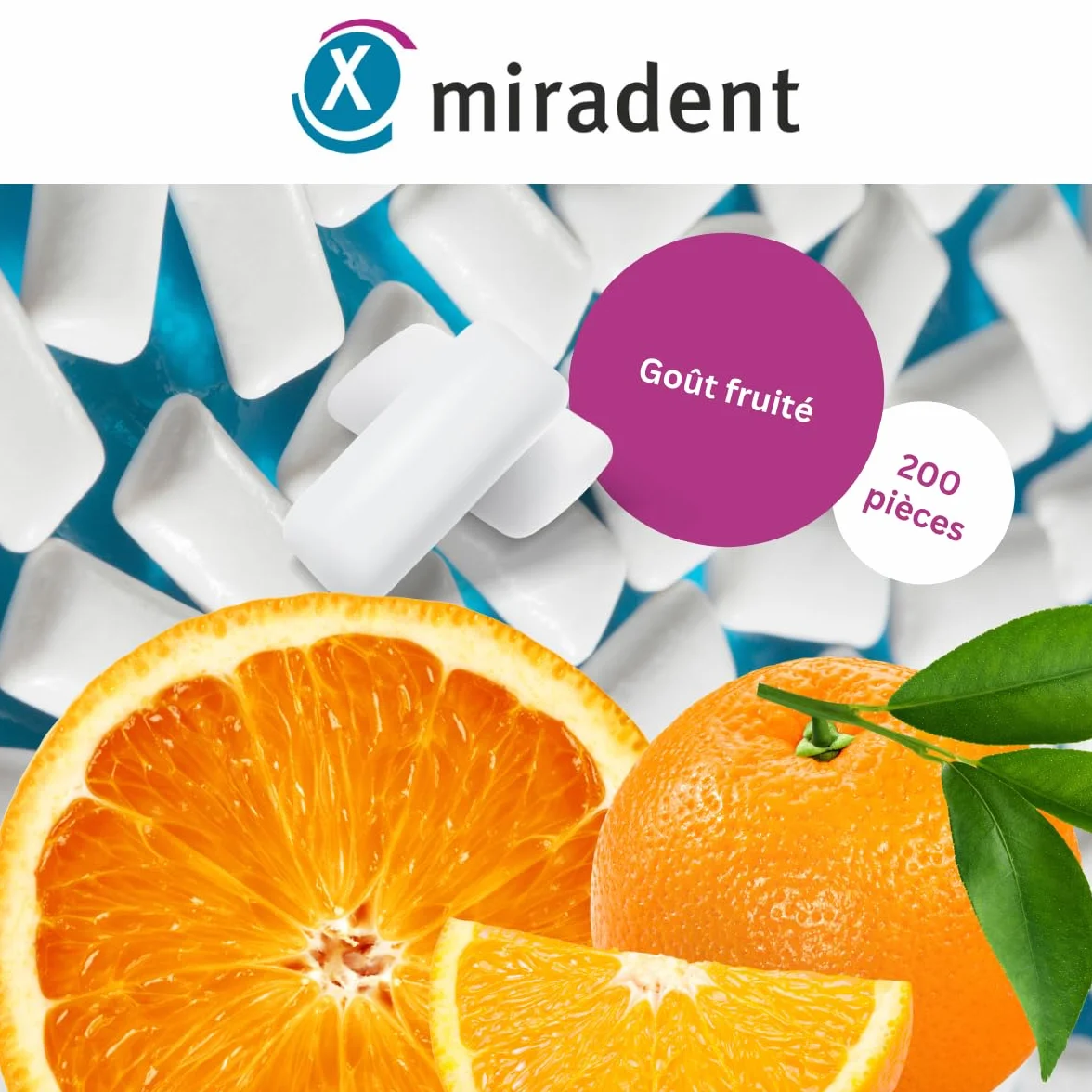 Miradent Chewing-gum dentaire au xylitol Pack économique 200 pcs goût Fruits frais sans sucre vegan