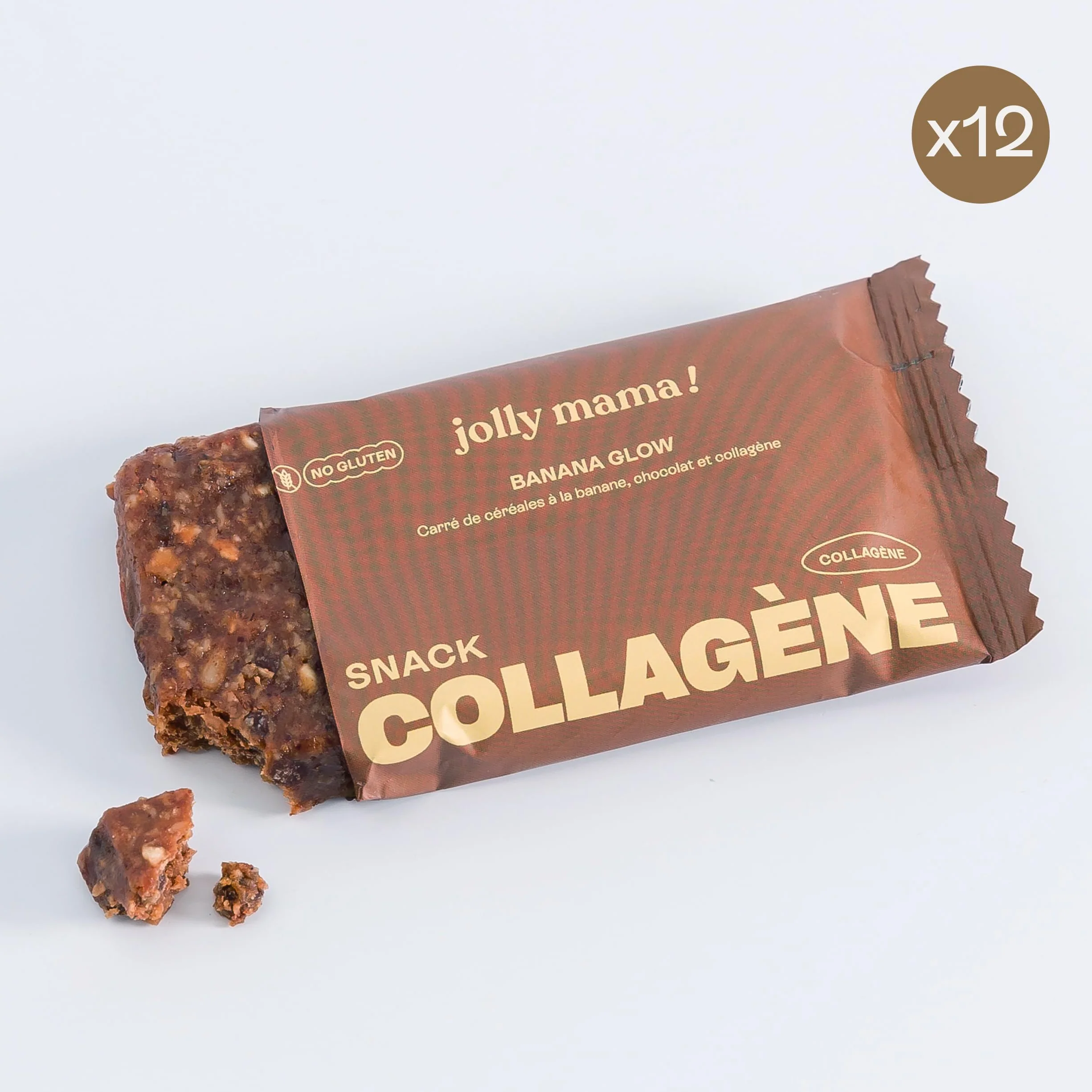 Jolly mama! Lot de 12 Barres Protéinées Collagène Banana Glow | Céréales, Banane, Pépites de Chocolat | Boost Cheveux & Peau | Sans Gluten | Compatible Grossesse et Allaitement
