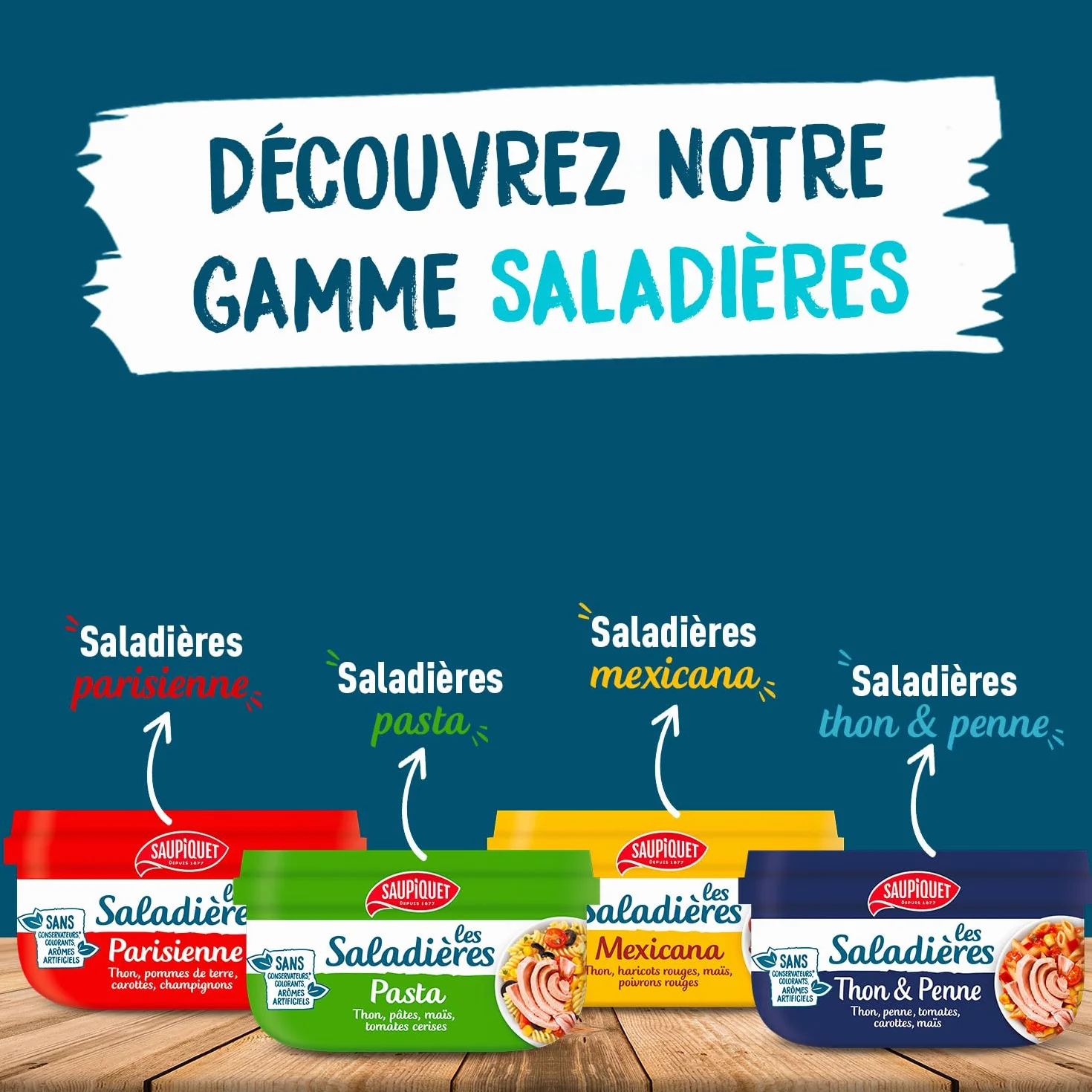 SAUPIQUET - Saladières Thon Penne - Salade Préparée Prête à Consommer - Conservation Température Ambiante - Idéale Pique-Nique - Poisson Issu Pêche Traçabilité Garantie - 7 Conserves (220 g)