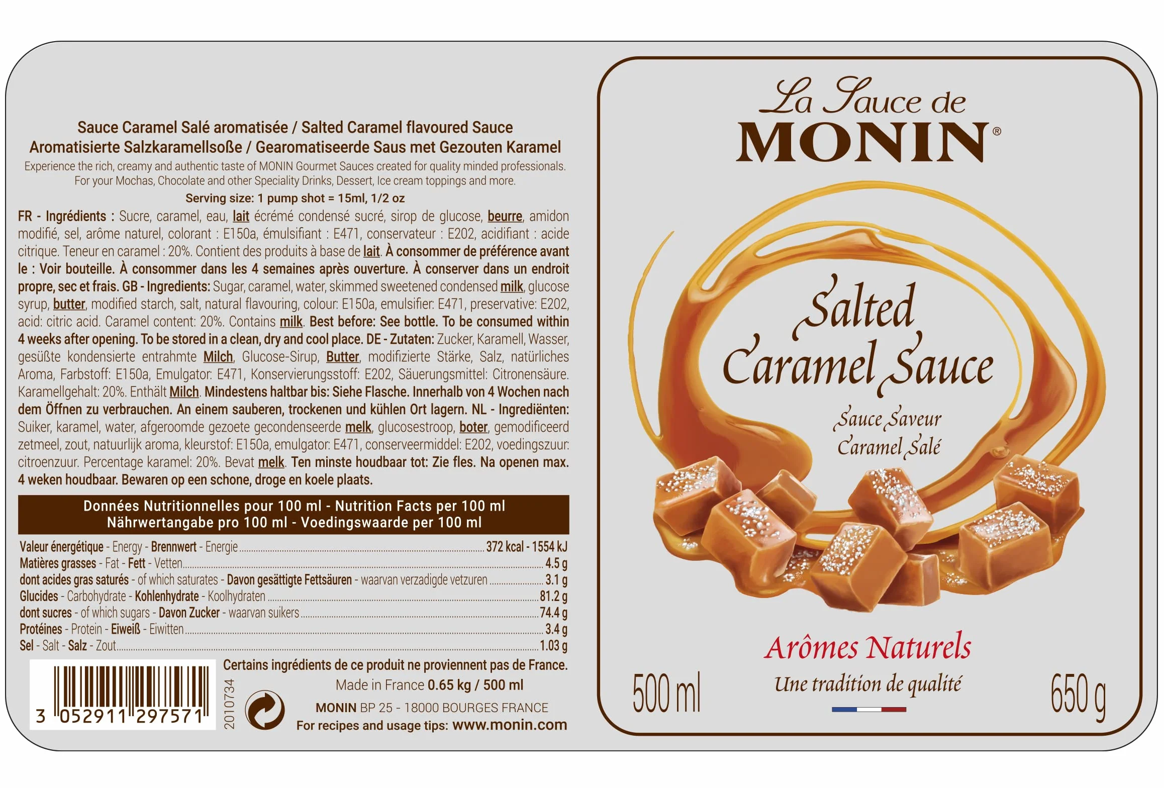 MONIN Sauce caramel salée premium 500ml pour frappe, dessert, cocktail, chocolats chauds et garnitures. Végétarien, sans noix, sans gluten. Saveur 100% naturelle. Bouteille souple pour une utilisation