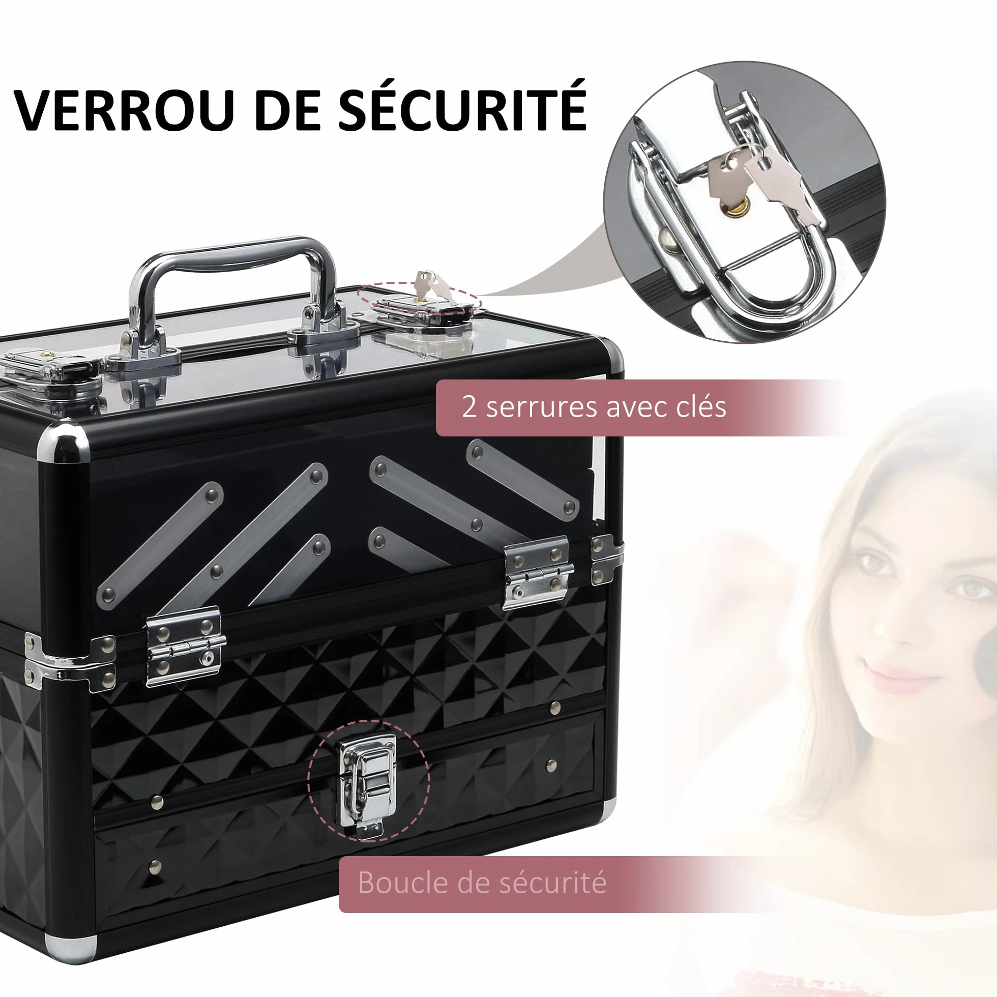HOMCOM Mallette à Maquillage Coffre Cosmétiques 30x18x22 cm Poignée Serrure Aluminium Acrylique Noir