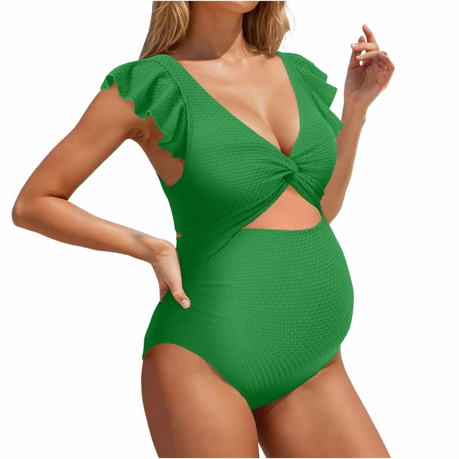 Maillot de bain maternité 1 pièce col V profond couleur unie été femme enceinte