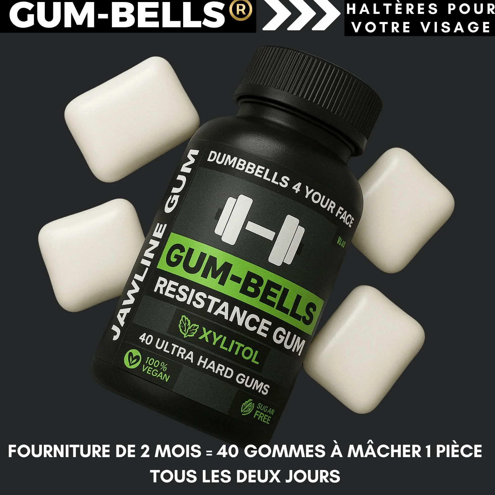 GUMBELLS® Xylitol Jawline Gum – Gomme dure ultra résistante pour mâchoire, menthe, sans sucre, Lot