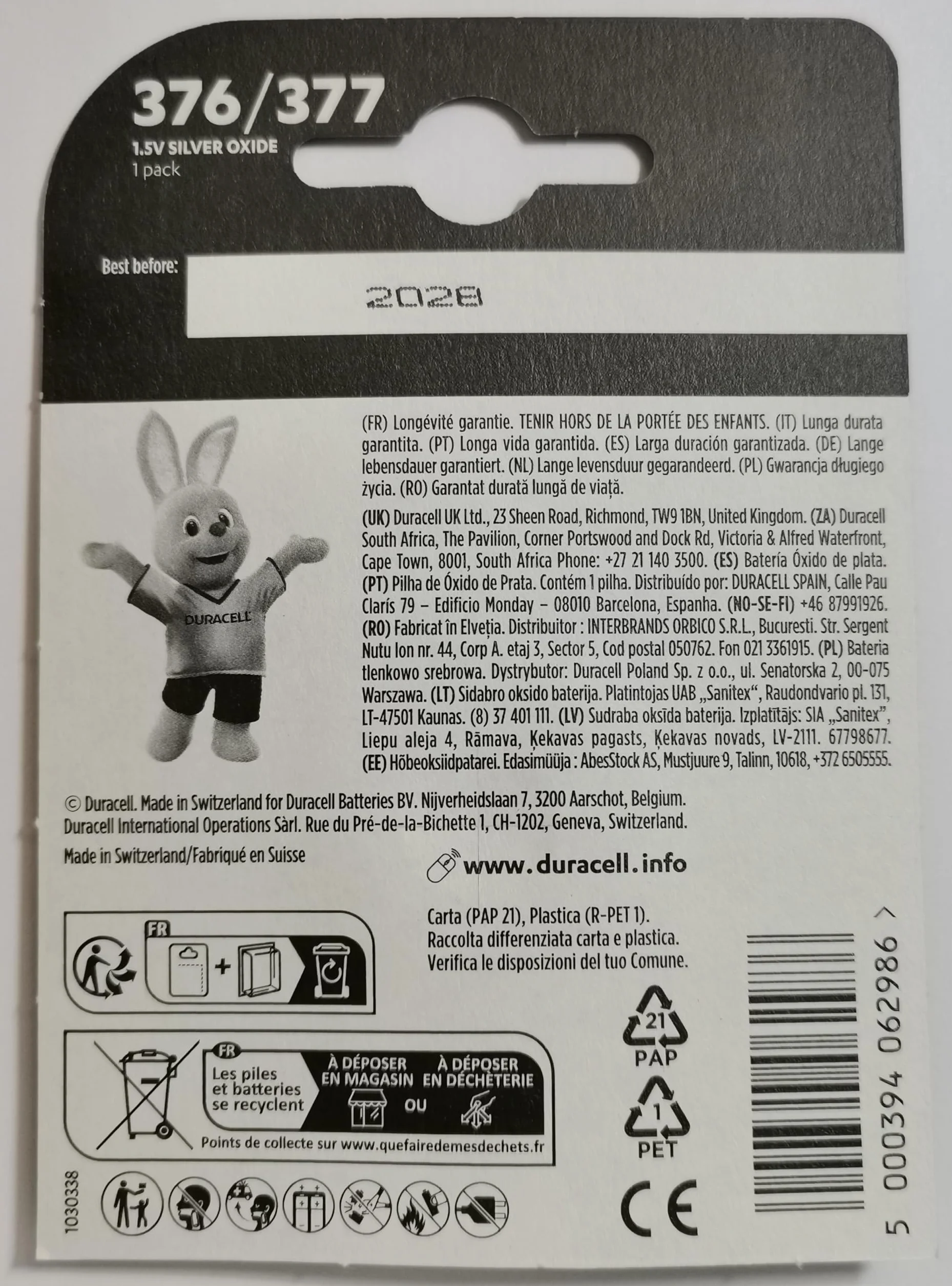 Duracell 377 SR626SW Lot de 2 piles à oxyde d'argent 1.55 V pour montre