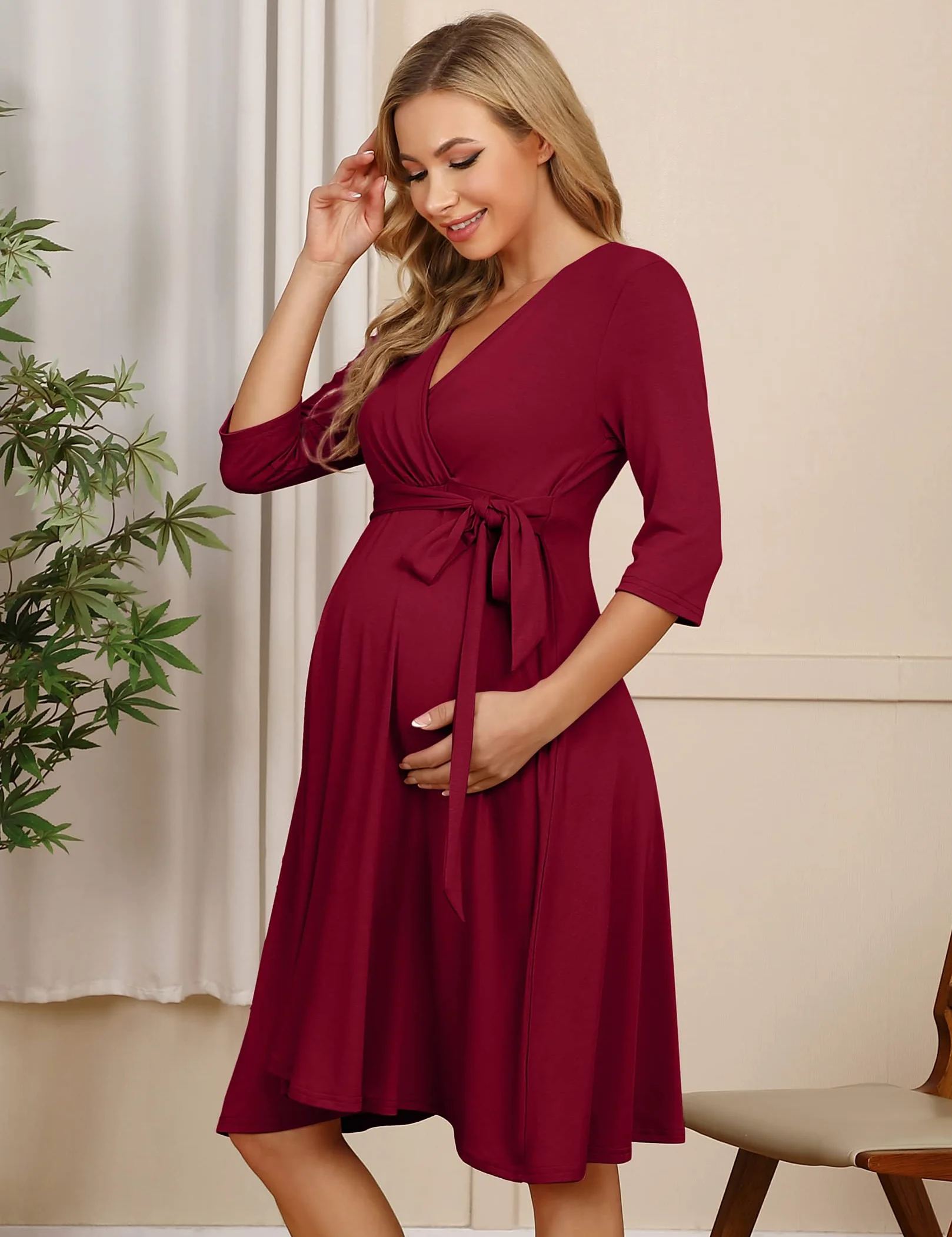 KOJOOIN Robe de Maternité Femme Enceinte Col V Manches Longues Ceinture