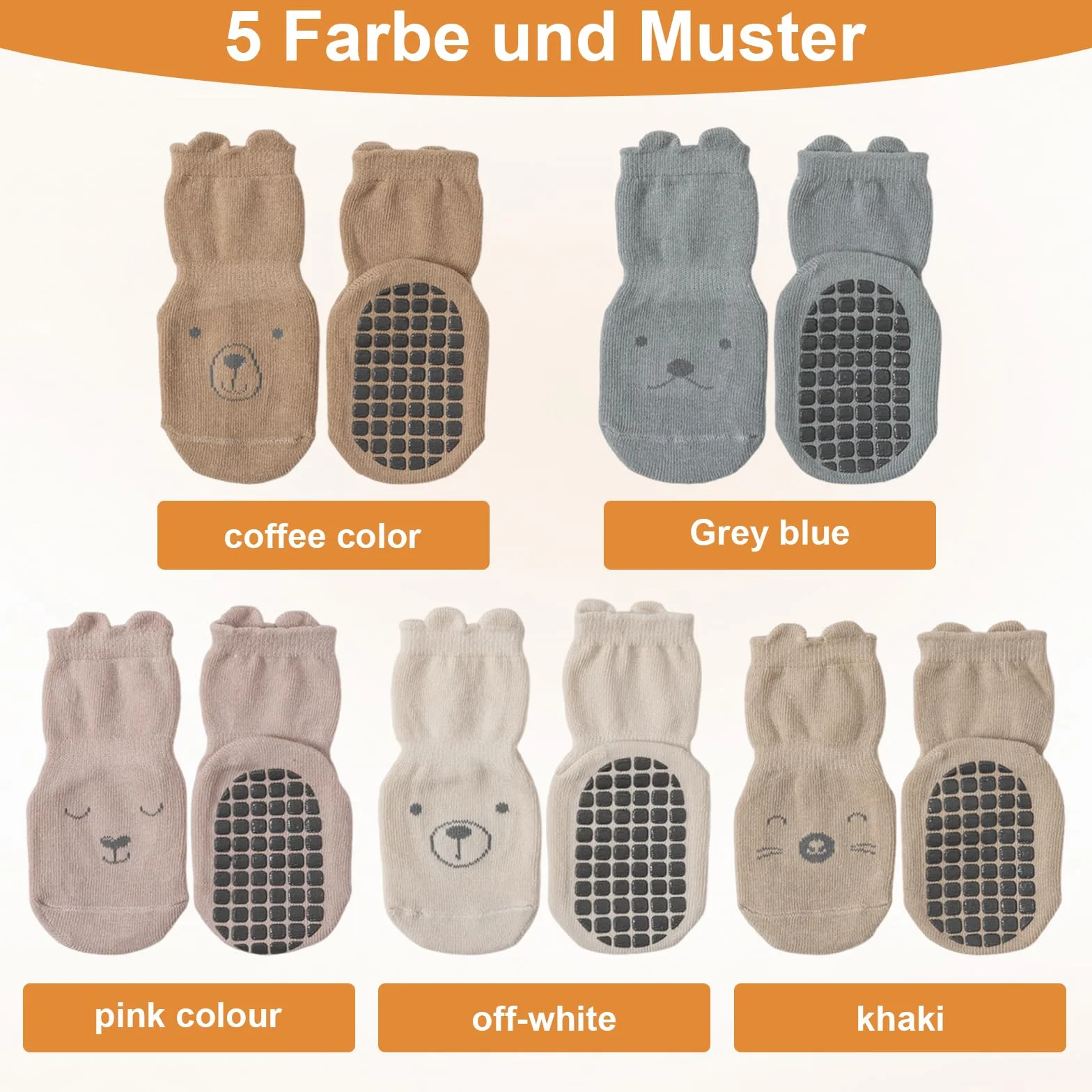 Chaussettes Antidérapantes Bébé, Chaussette Bebe en Silicone, 5 Paires, Motifs Intéressants