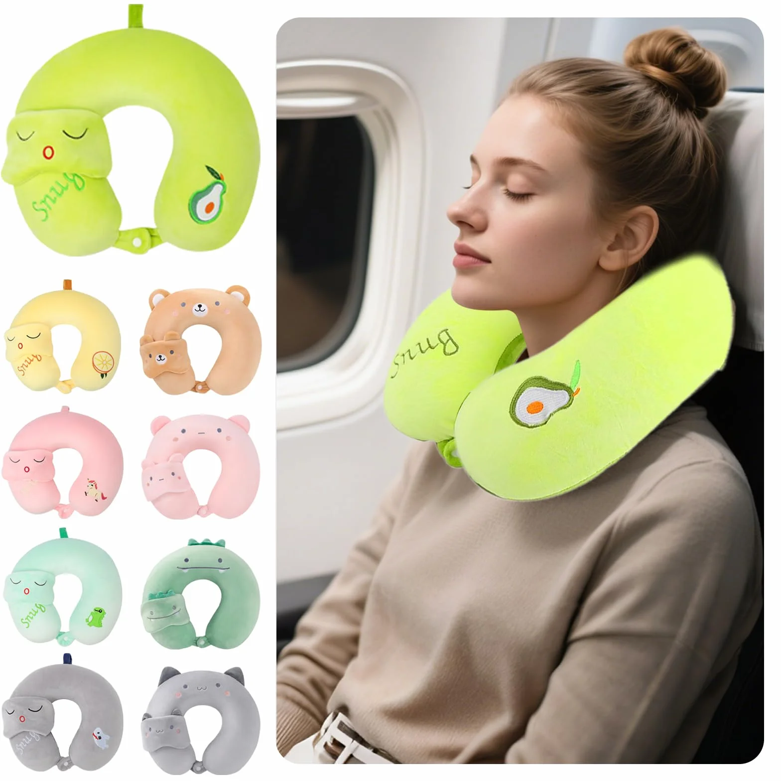 Oreiller de Voyage Enfant en Forme de U, Chat Gris, avec Masque pour les Yeux, Taie Amovible et Lavable