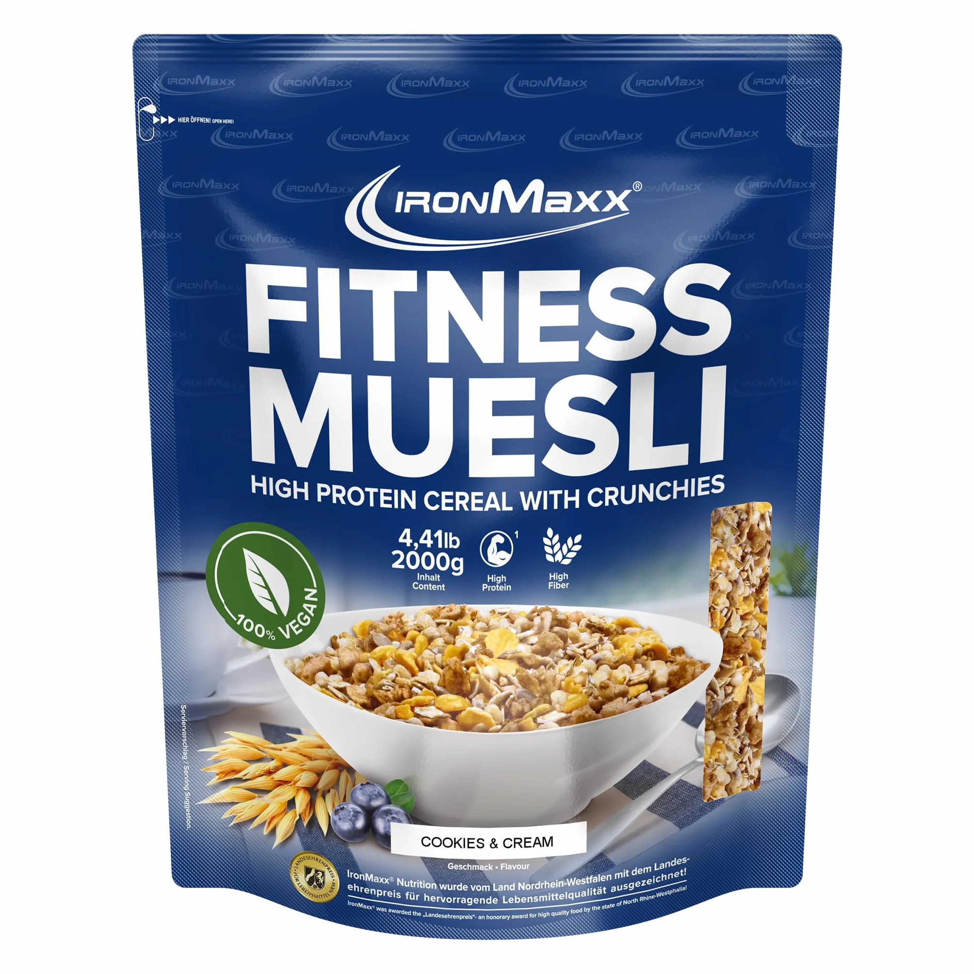 IronMaxx Muesli Fitness Cookies & crème 2 kg – muesli sans sucre ajouté, flocons d’avoine, céréales croustillantes, petit-déjeuner adapté au fitness et aux modes de vie actifs