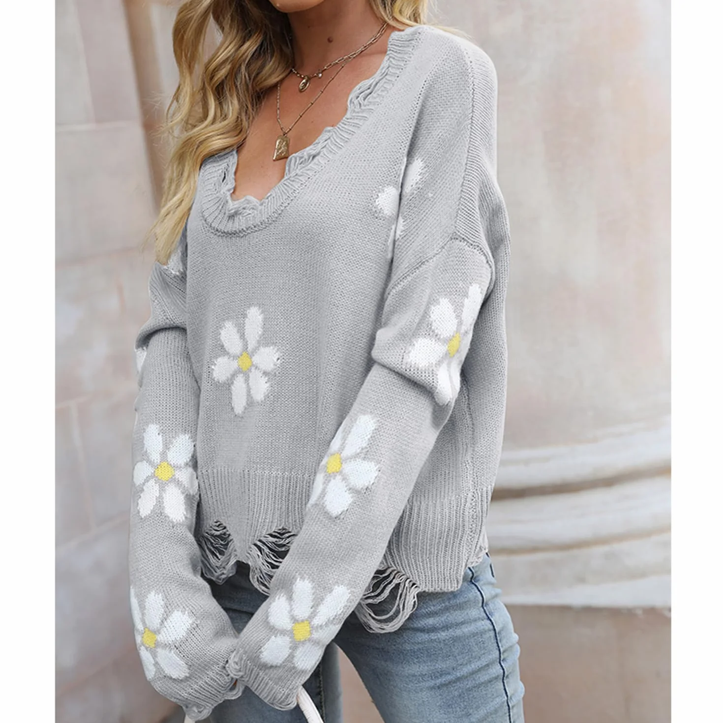 Pull Tricoté Femme Court Déchiré Manches Longues Col V Y2K Streetwear