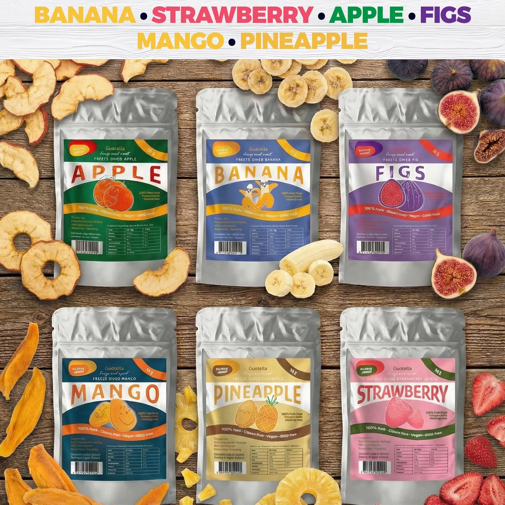 Mélange de fruits lyophilisés, tranches de fruits, 100% fruits séchés, naturel, sans additifs, qualité supérieure, mélange de fruits en tranches, végétalien, collation, pur fruit