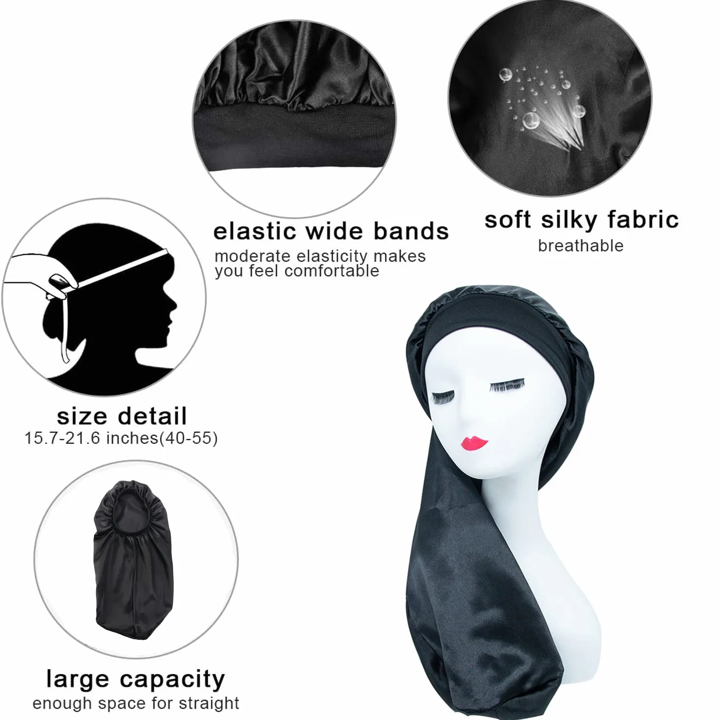 Long Bonnet en Satin pour Dormir avec Bandeau élastique en Soie