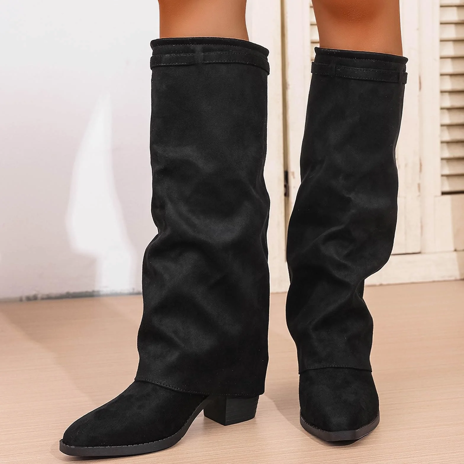 Shark Bottes pour Femme en Cuir Noir - Talon Plateforme Longue Tige Bout Pointu