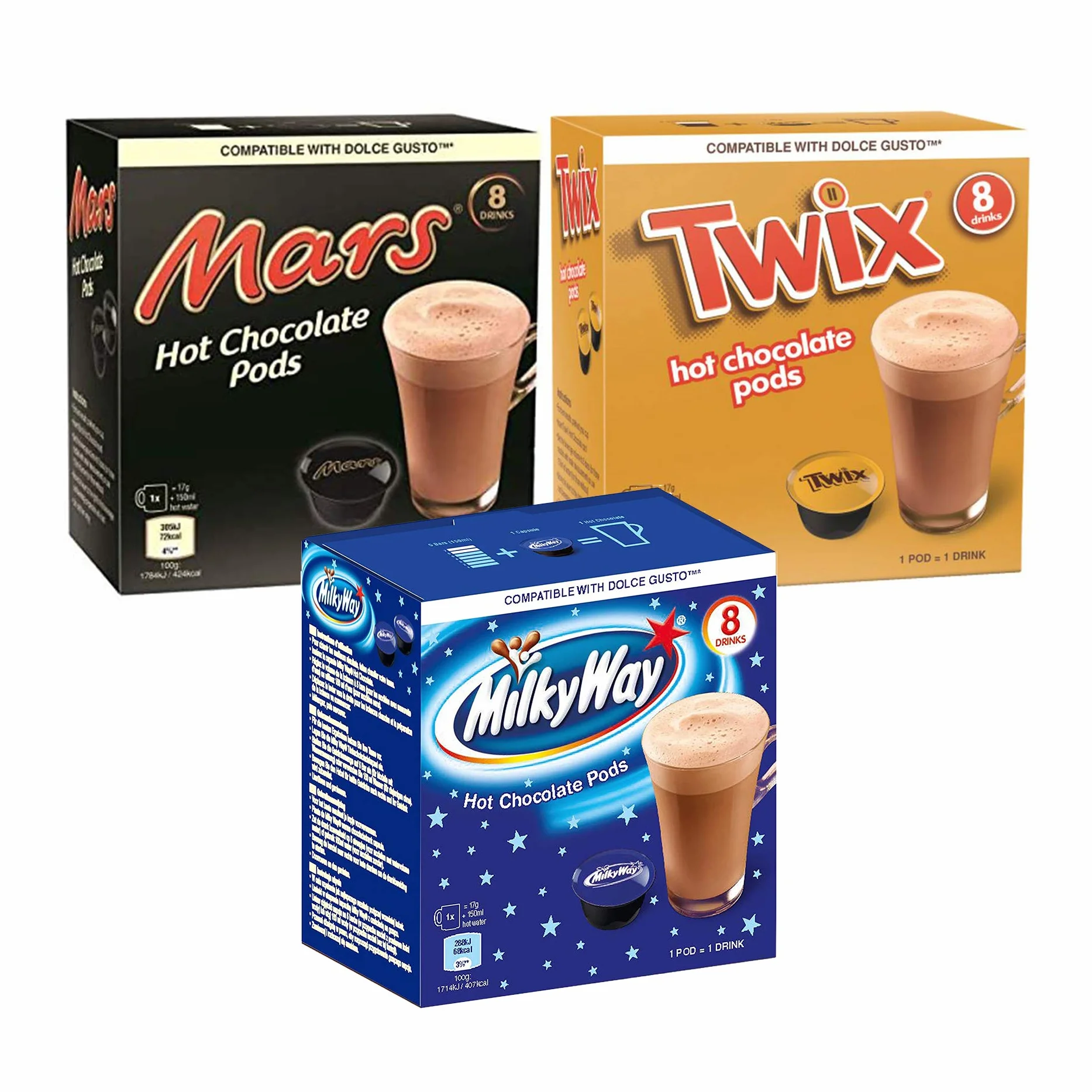 Dolce Gusto Boissons au Chocolat - 24 Capsules (8 Mars + 8 Twix + 8 Milky Way)