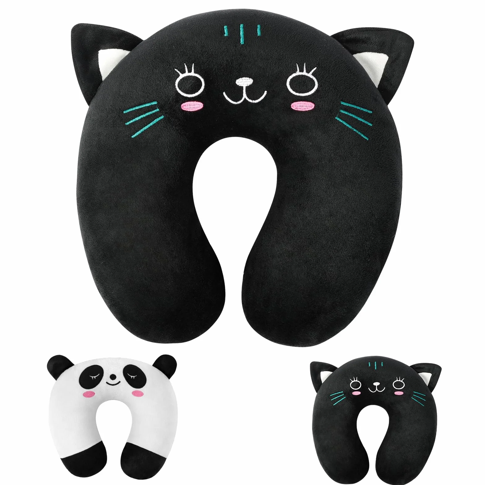 Oreiller de Voyage Enfant Adulte Coussin de Cou Ultra-Doux Chat Noir en Forme de U