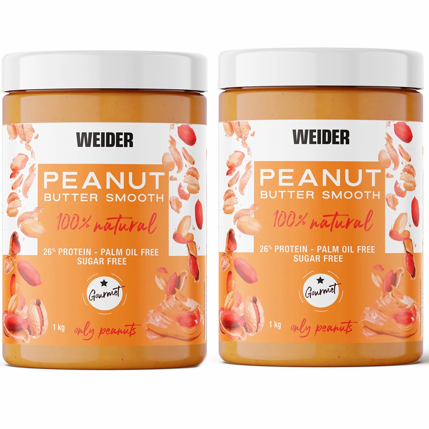 Weider Pack Duo Peanut Butter Smooth (2x1kg) Beurre de Cacahuète 100% Naturel 26% de Protéines Sans Sucre Ajouté Sans Huile de Palme Texture Crémeuse et Sans Morceaux