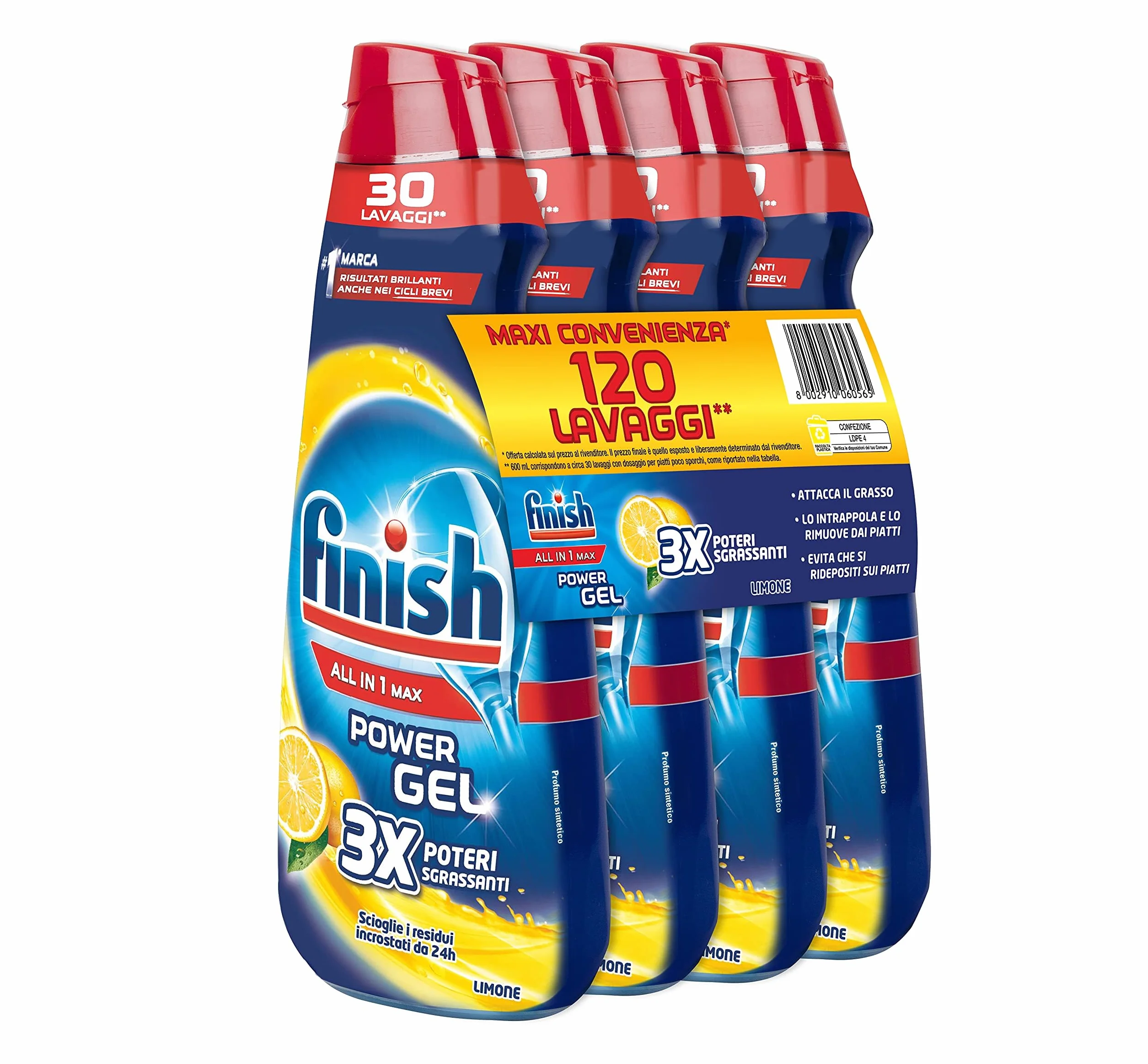 Finish Powergel gel détergent pour lave-vaisselle, liquide, multi-actions, pouvoir dégraissant, citron, 120 lavages, 4 confections de 30 lavages
