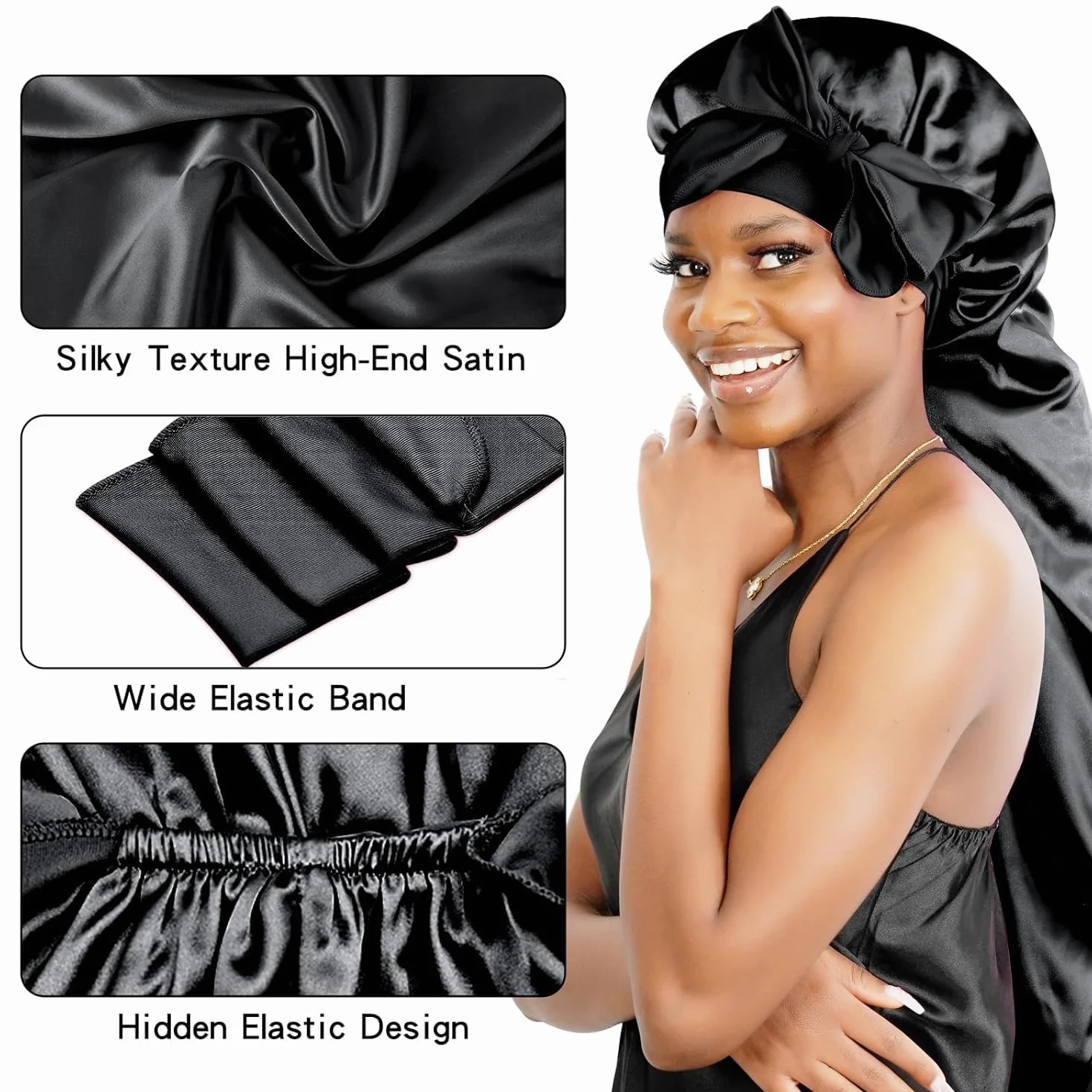 BONNET QUEEN Bonnet Satin Cheveux Longs Nuit Anti-Glisse avec Long Bandeau Réglable, Protection Anti-Frisottis pour Cheveux Très Longs, Noir