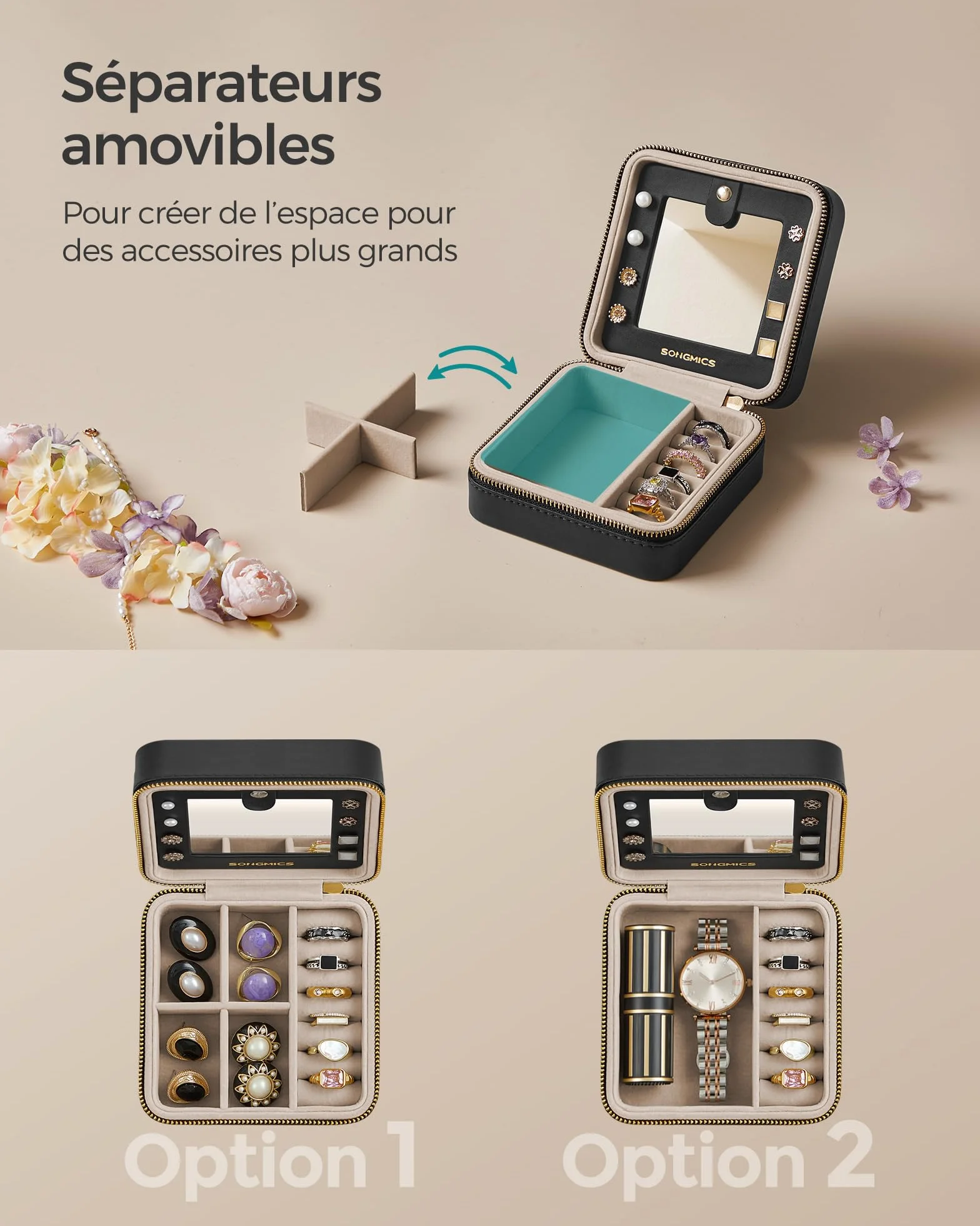 SONGMICS GISELLA Boîte à Bijoux de Voyage avec Miroir 11,4 x 11,4 x 5,5 cm Surface en PU Noir d'Encre JBC146BKV1