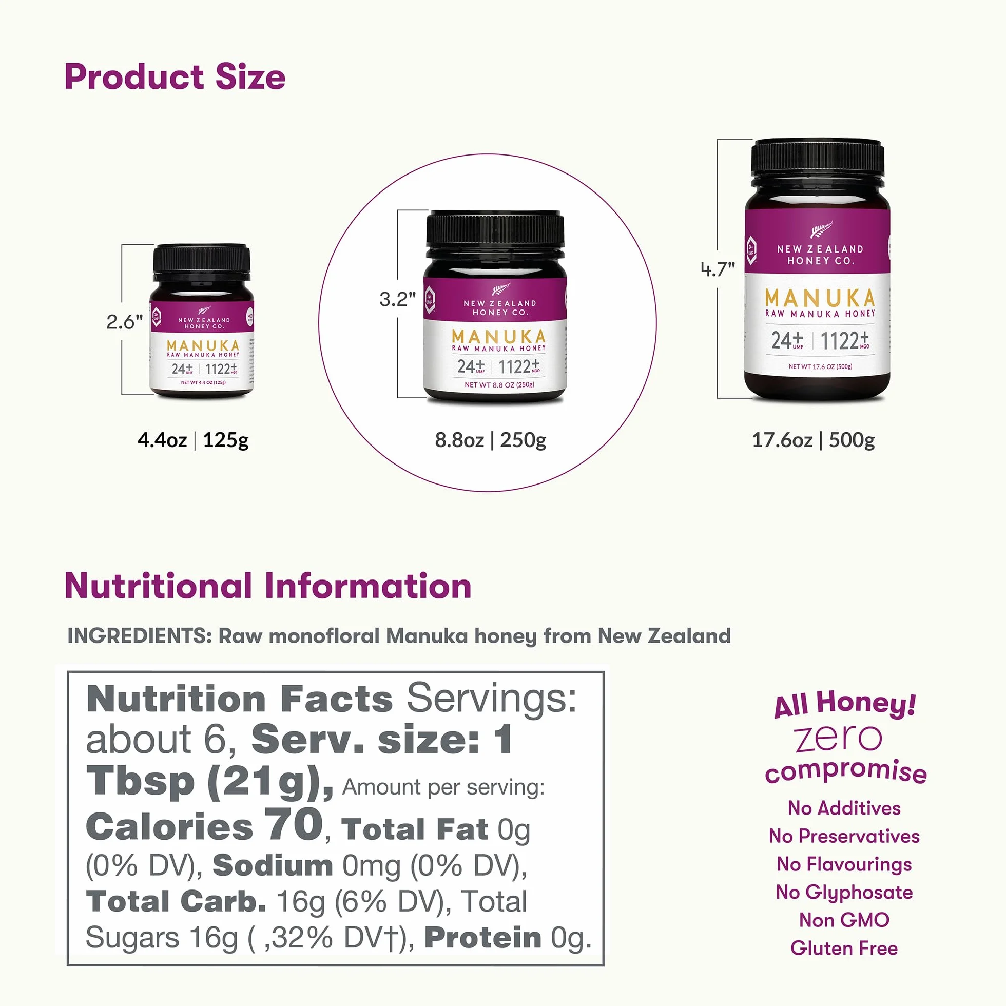 Miel de Manuka MGO 1122+ / UMF 24+ de New Zealand Honey Co. | Actif et brut | Fabriqué en Nouvelle-Zélande | 250g