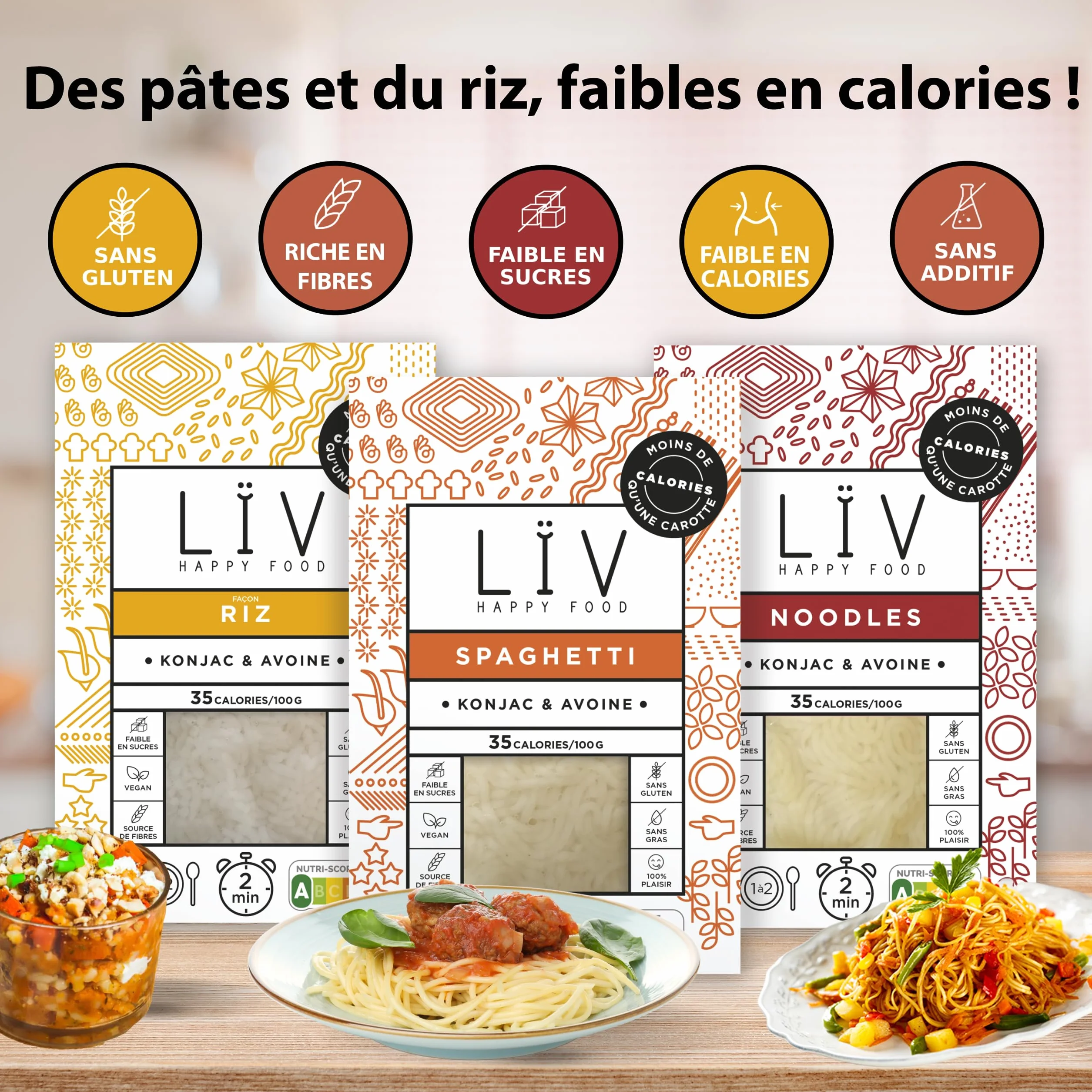 LÏV Happy Food - Trio Nouilles de Konjac, Spaghetti & Riz, 6x200g, Premium