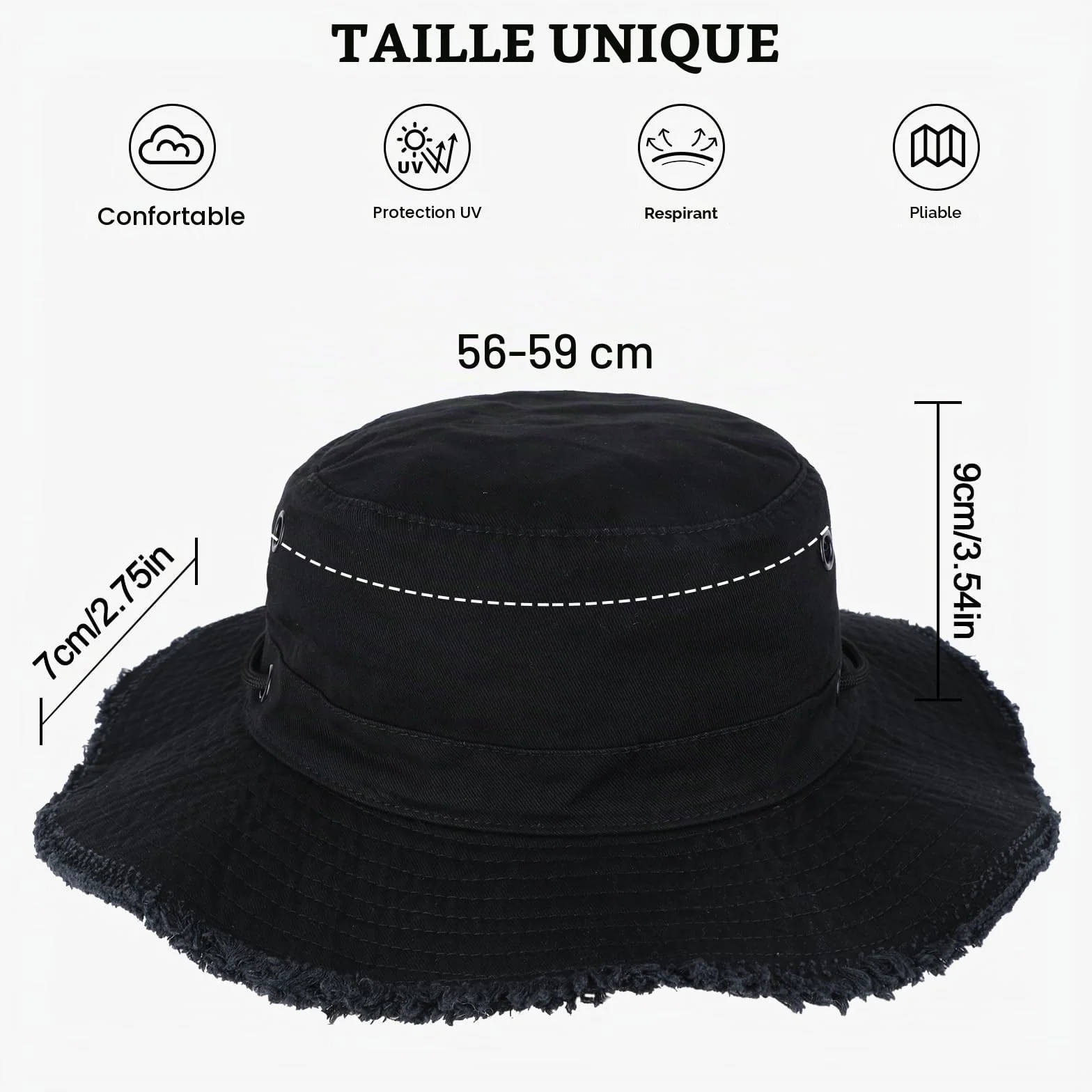 Chapeau Anti UV Femme, Chapeau de Pêche Protection Solaire en Coton, Large Bord Style Bob Respirant Pliable Bucket Hat pour Randonnée Camping
