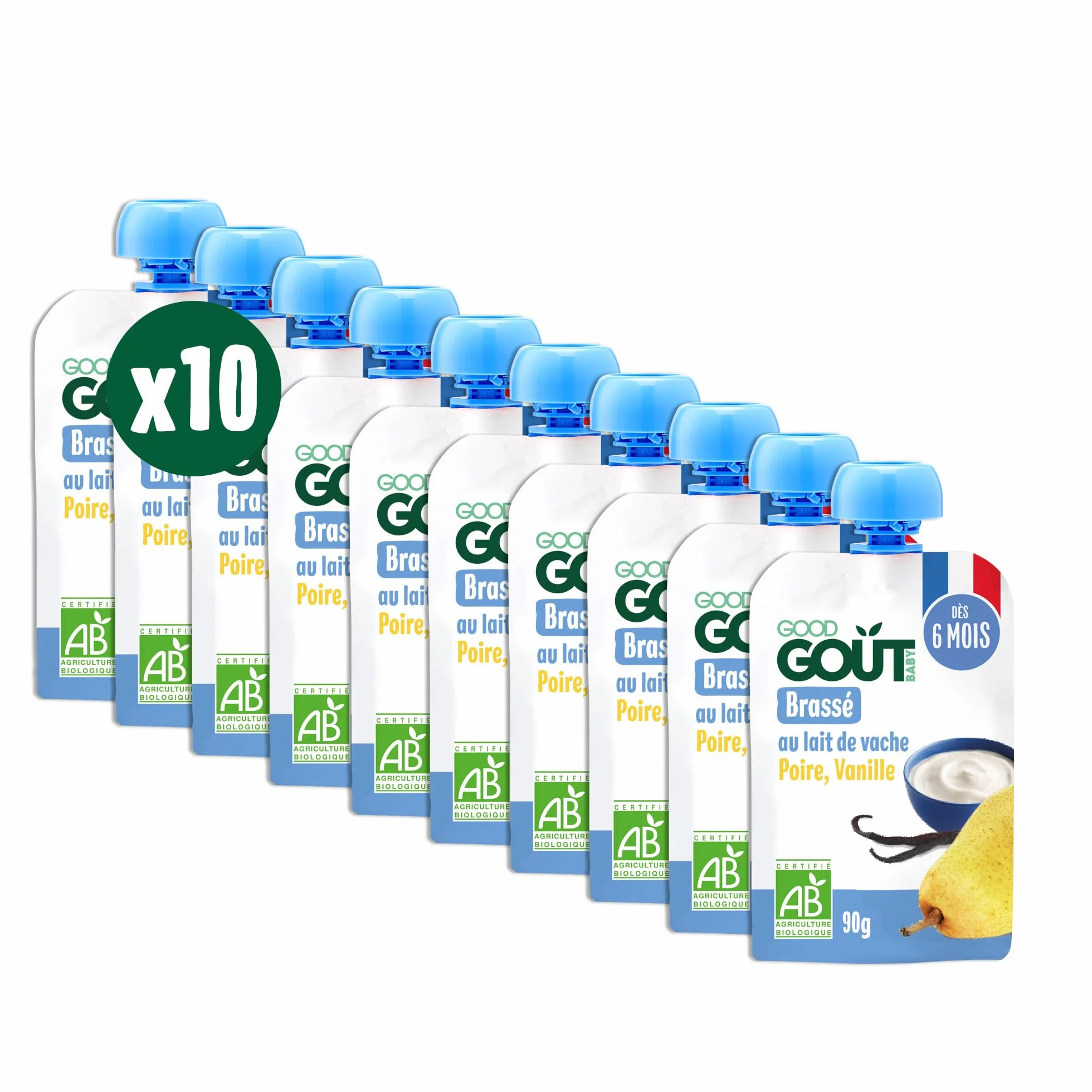 GOOD GOÛT Brassé Au Lait De Vache Dessert Bébé Dès 6 Mois Poire Vanille Sans Sucres Ajoutés Format Nomade 10x90g
