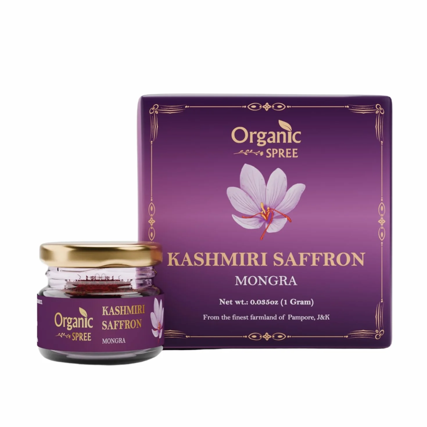 Organic Spree Kashmiri Saffron Kesar 1gm (0.035oz) Safran Threads Pure and Natural l From the finest farmlands of Pampore, J&K l Certified Grade A+ Mongra Saffron