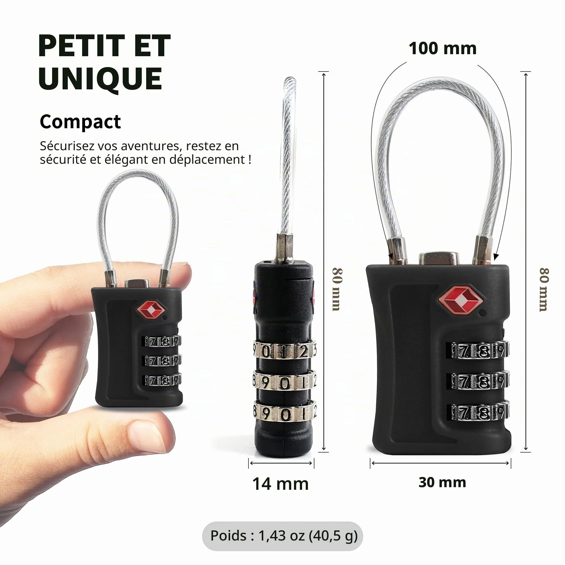 Lot de 2 cadenas à bagages TSA, cadenas à combinaison câble voyage, réinitialisable 3 chiffres, sécurité sans clé valises