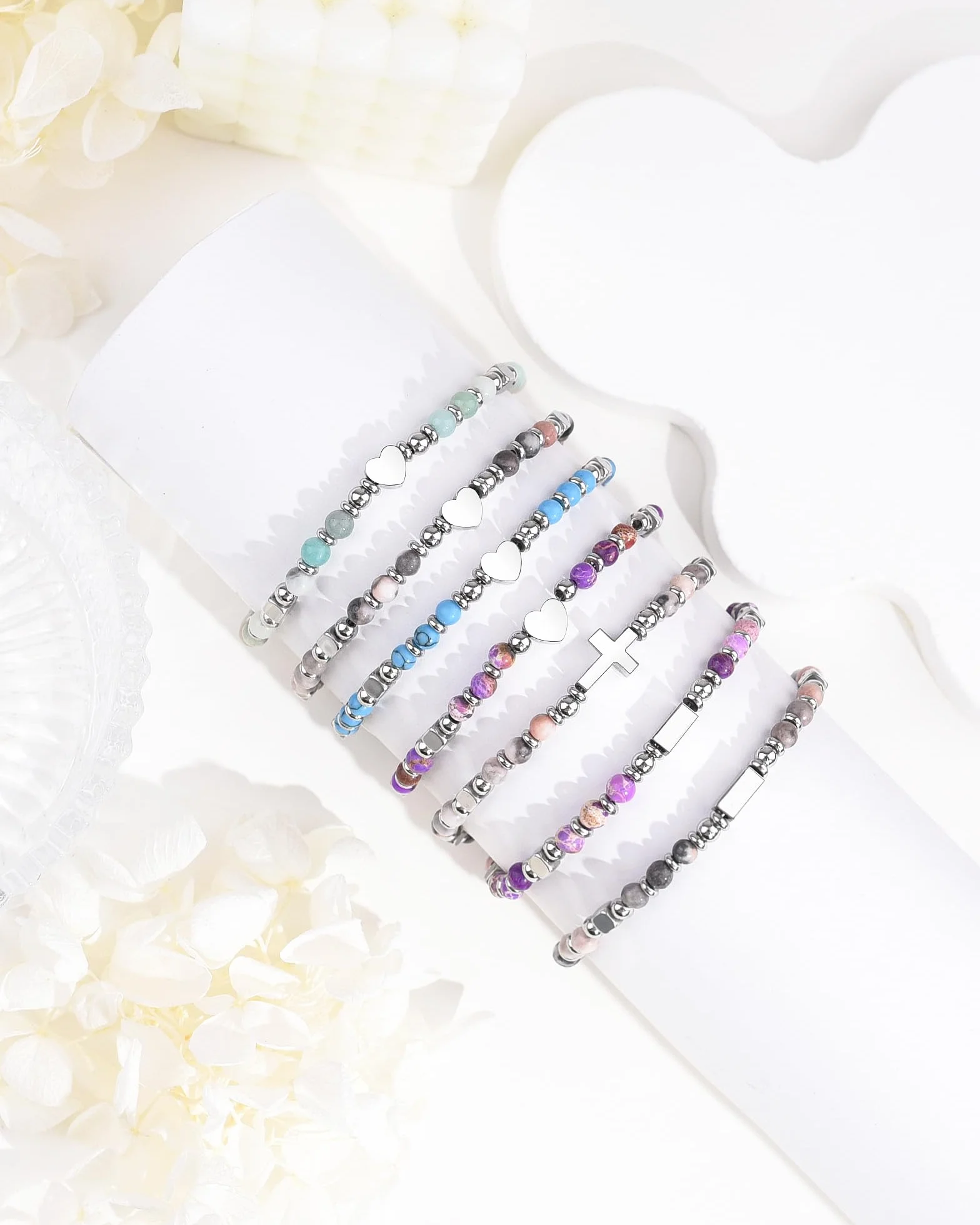 Seyaa Bracelet Pierre Naturelle Cœur Croix Trèfle 4 Feuilles Personnalisé Cadeau Anniversaire Fille