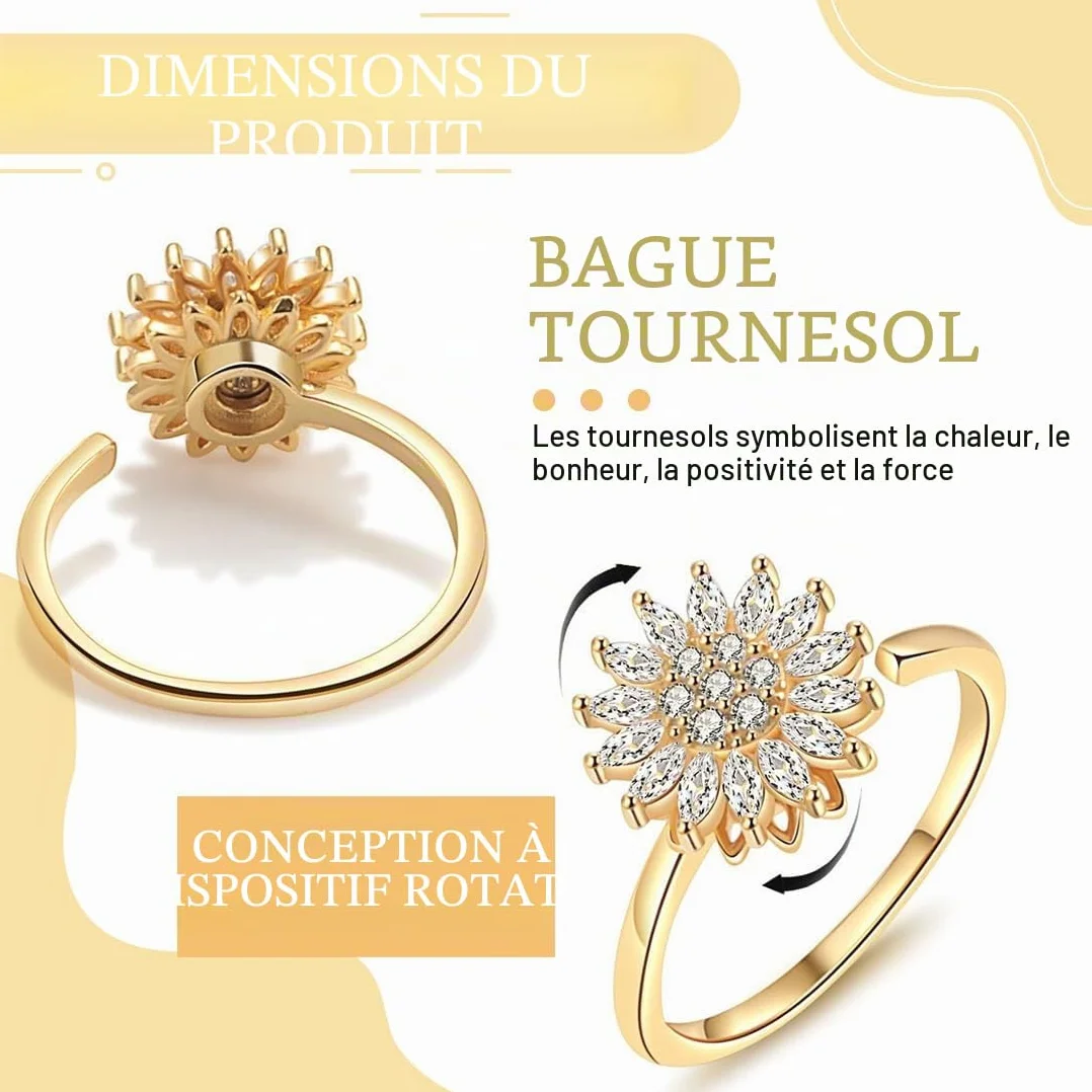Bague Anti-Stress Femme Tournante Tournesol Strass Dorée