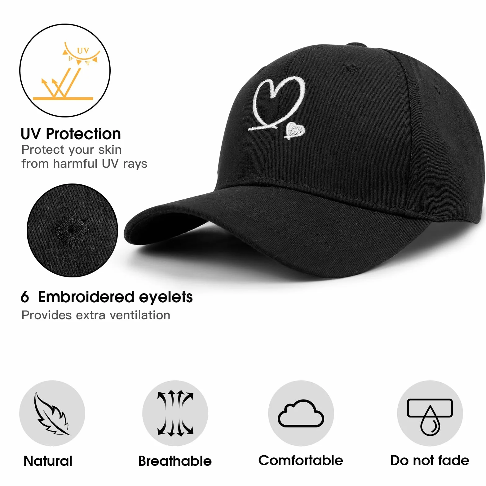 Tiakay Casquette de Baseball Unisexe à Broderie de Cœur Réglable Coton Respirant Protection UV Chapeau Soleil Été Plein Air Voyage Sport