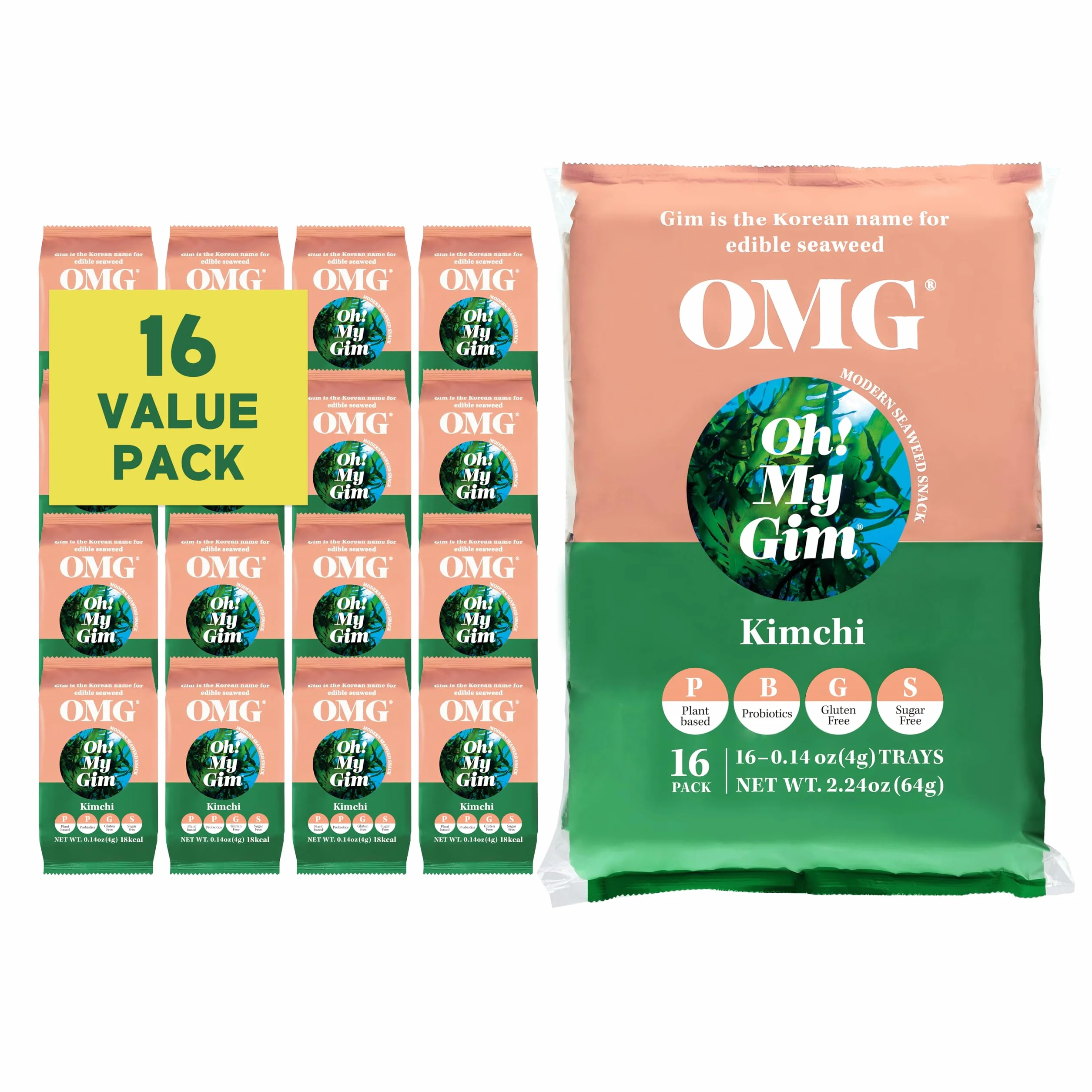 Oh! My Gim – Snack aux algues coréennes – Saveur Kimchi, Léger & croustillant – Encas original – 16 pack