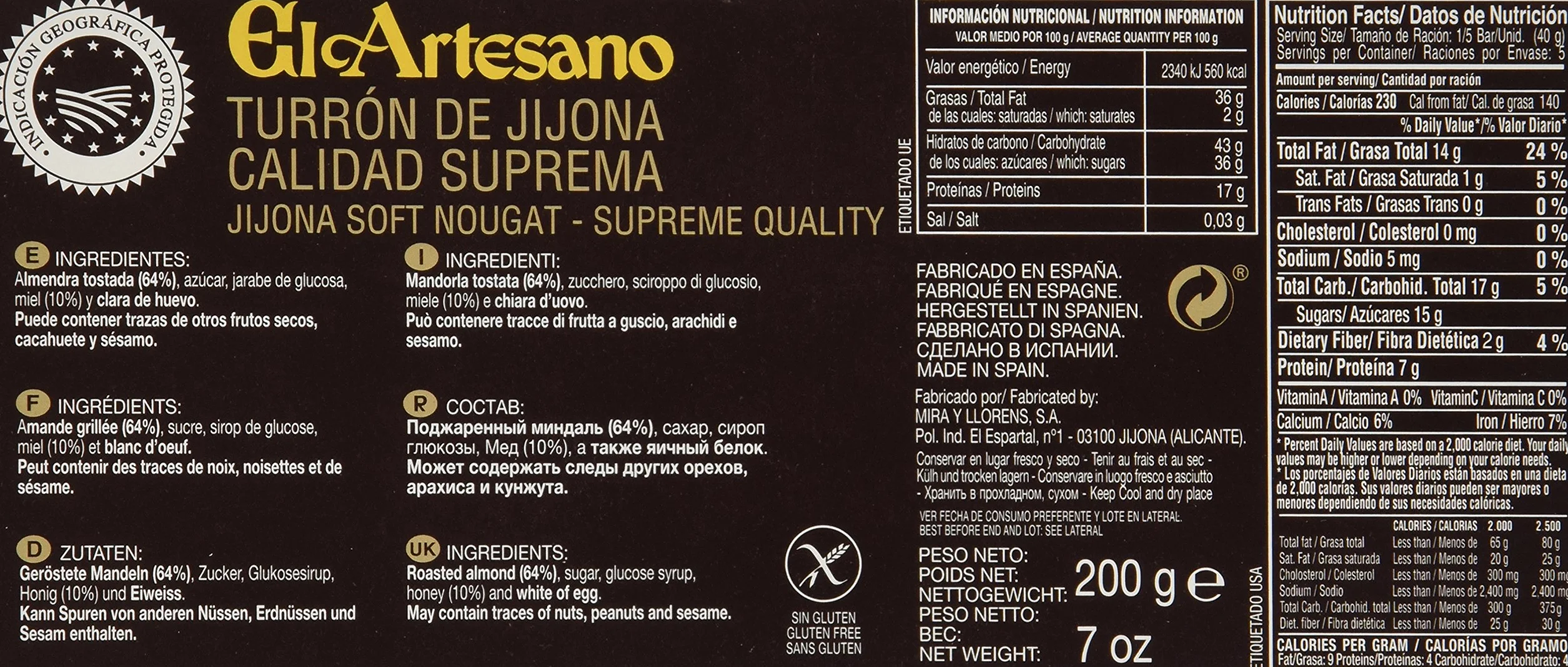 El Artesano Jijona Soft Almond Turron (Turron de Jijona) 7 Oz (200 G)