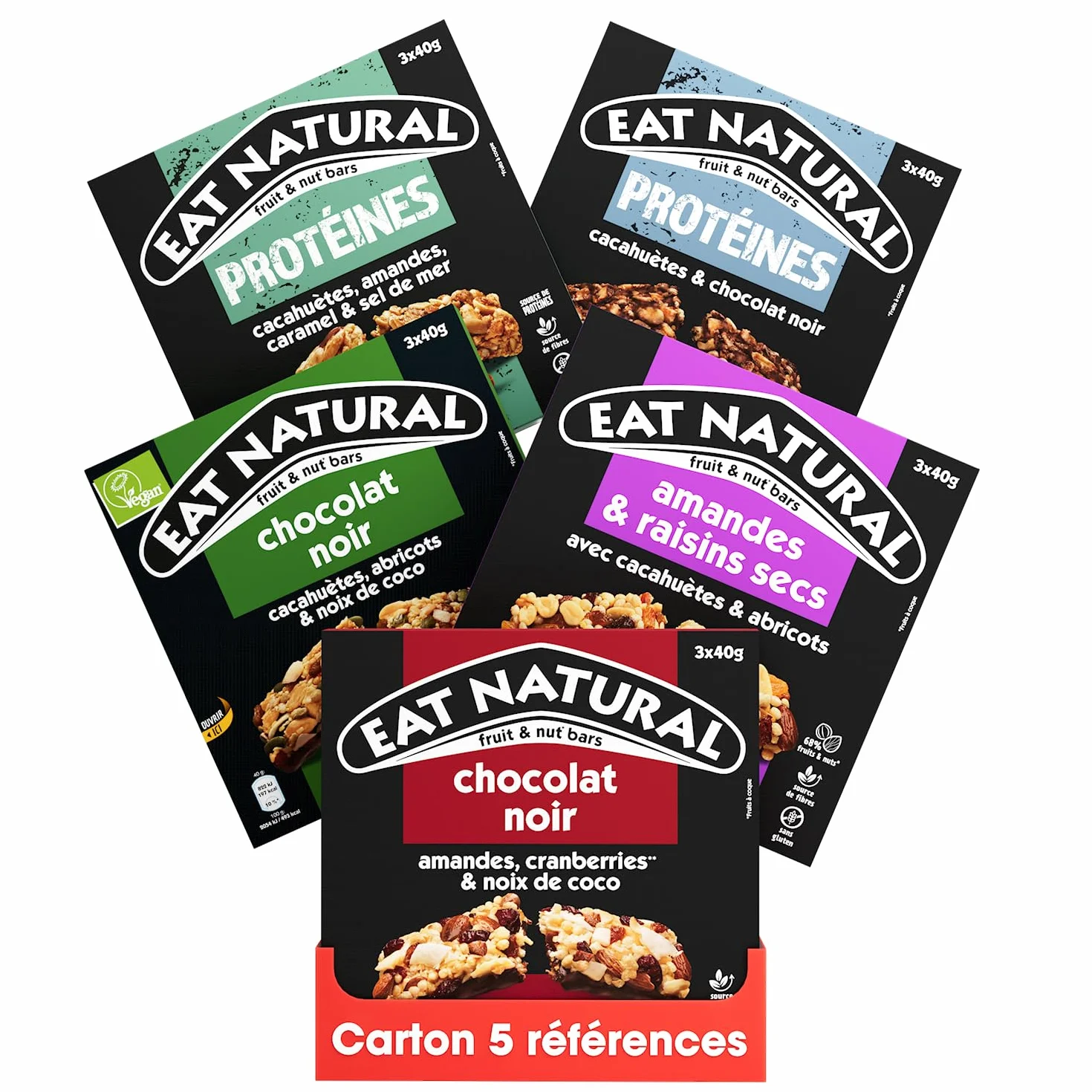Eat Natural – Lot de 5 variétés de barres de céréales sans gluten – Amandes, Cranberries, Cacahuètes, Chocolat noir, Vegan – 5 x 3 barres de 40 g (15 barres)