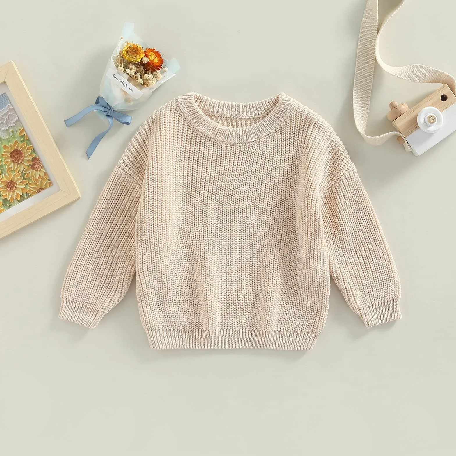 Pull en tricot pour bébé fille garçon col rond manches longues automne hiver couleur unie