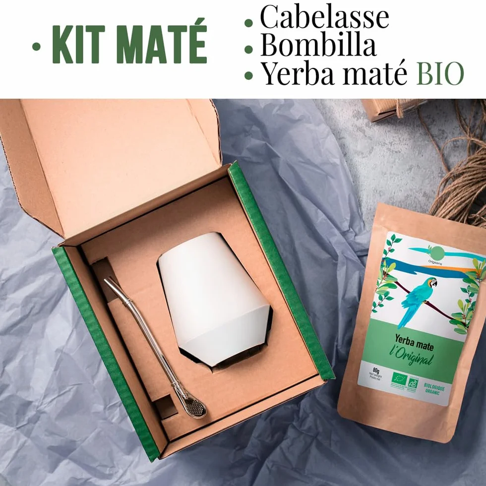 ORIGEENS CALEBASSE MATÉ - Conditionné en France - Kit Mate Complet avec Tasse Maté Céramique Artisanale (Portugal), Bombilla, Yerba Mate BIO inclus - Coffret Cadeau